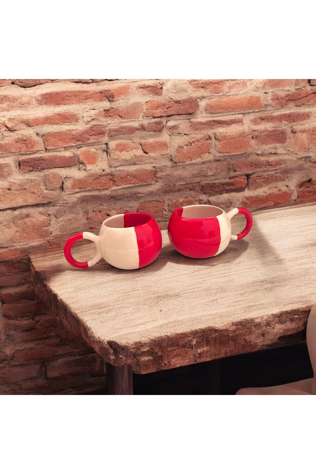 SERADAG KIRMIZI BEYAZ MODEL ÇAY KAHVE HEDİYELİK 2 Lİ EL YAPIMI SERAMİK KUPA BARDAK