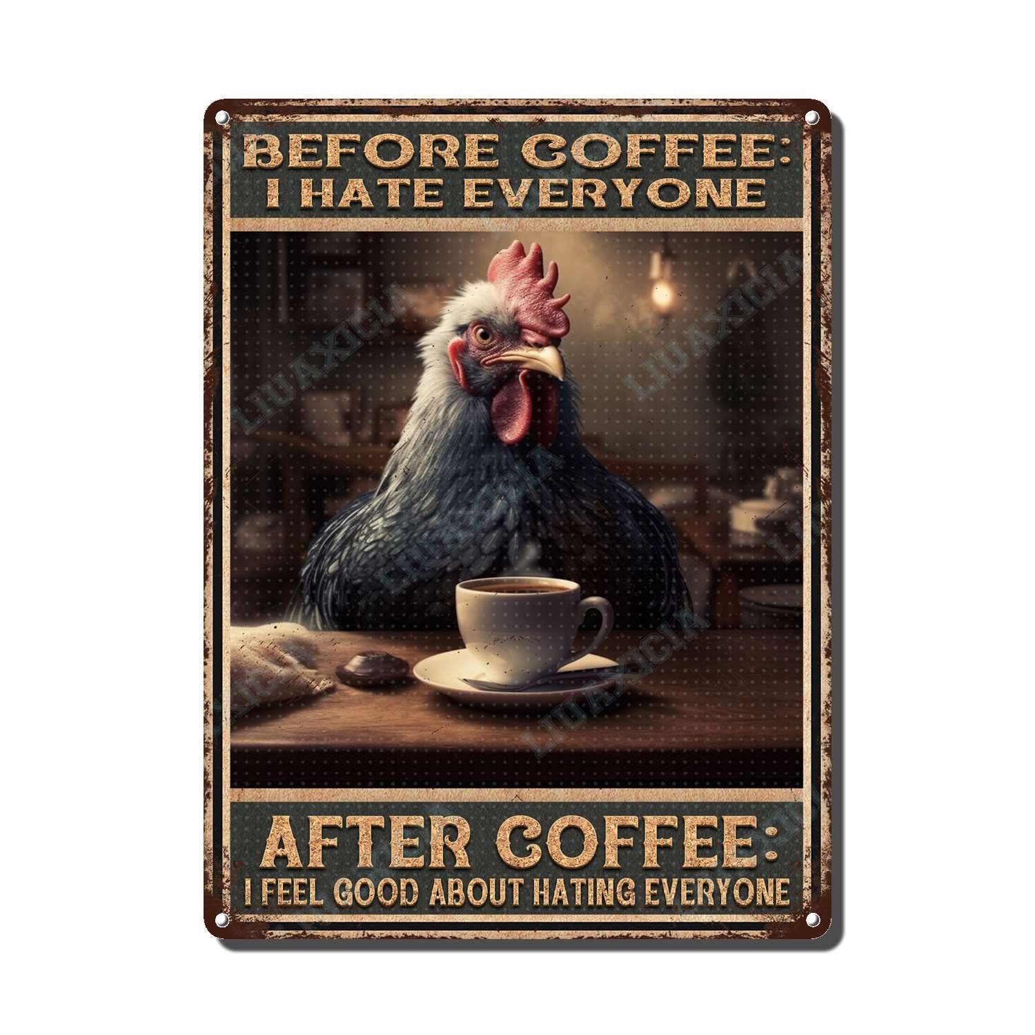 peiyeety Metal Tin Sign Before And After Coffee Chicken Vintage Decorative Wall Art,Retro Funny Coffee Lover Rustic Plaque for Home Kitchen Living Room Office,8x12 Inch