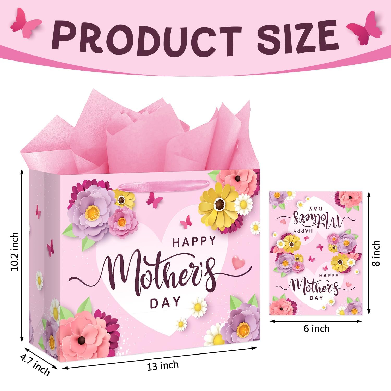 13" Happy Mother's Day Gift Bag with Card and Tissue Paper Large Pink Floral Mom's Party Paper Gift Bag Mom Present Bags with Handle Mother Parties Bags for Happy Mothers Day Party Decorations 1Pcs