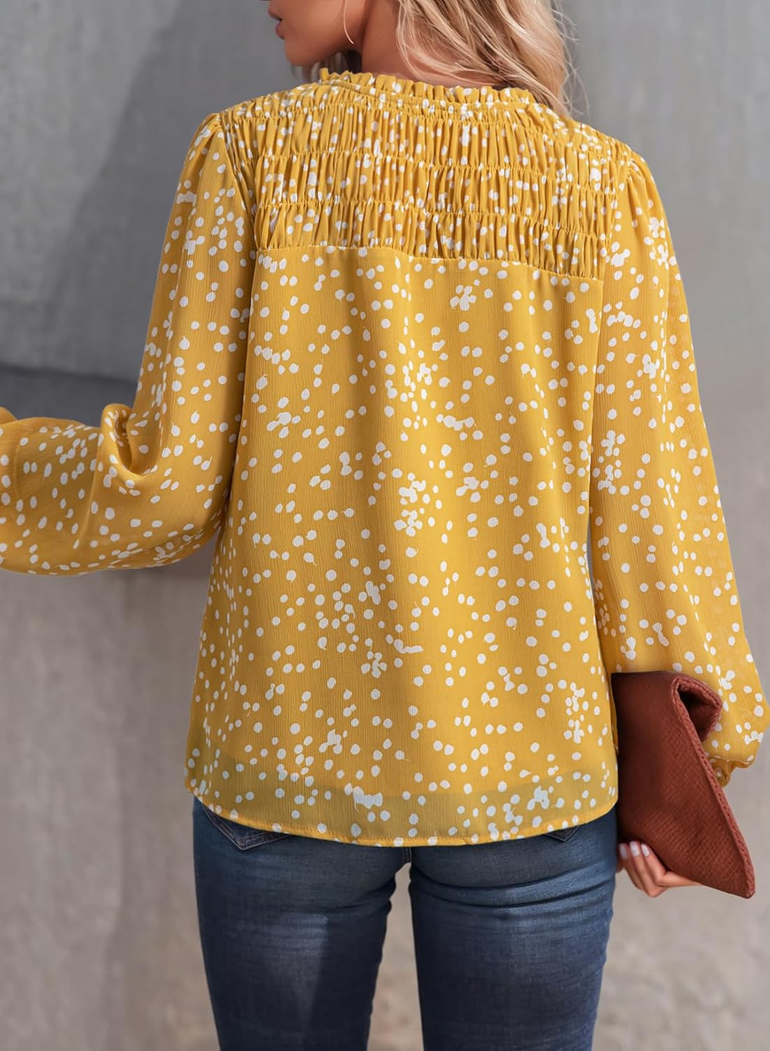 Dokotoo Women's Casual V Neck Alicia Floral Print Smocked Long Sleeve Chiffon Blouses Bohemian Top Shirts - Image 3