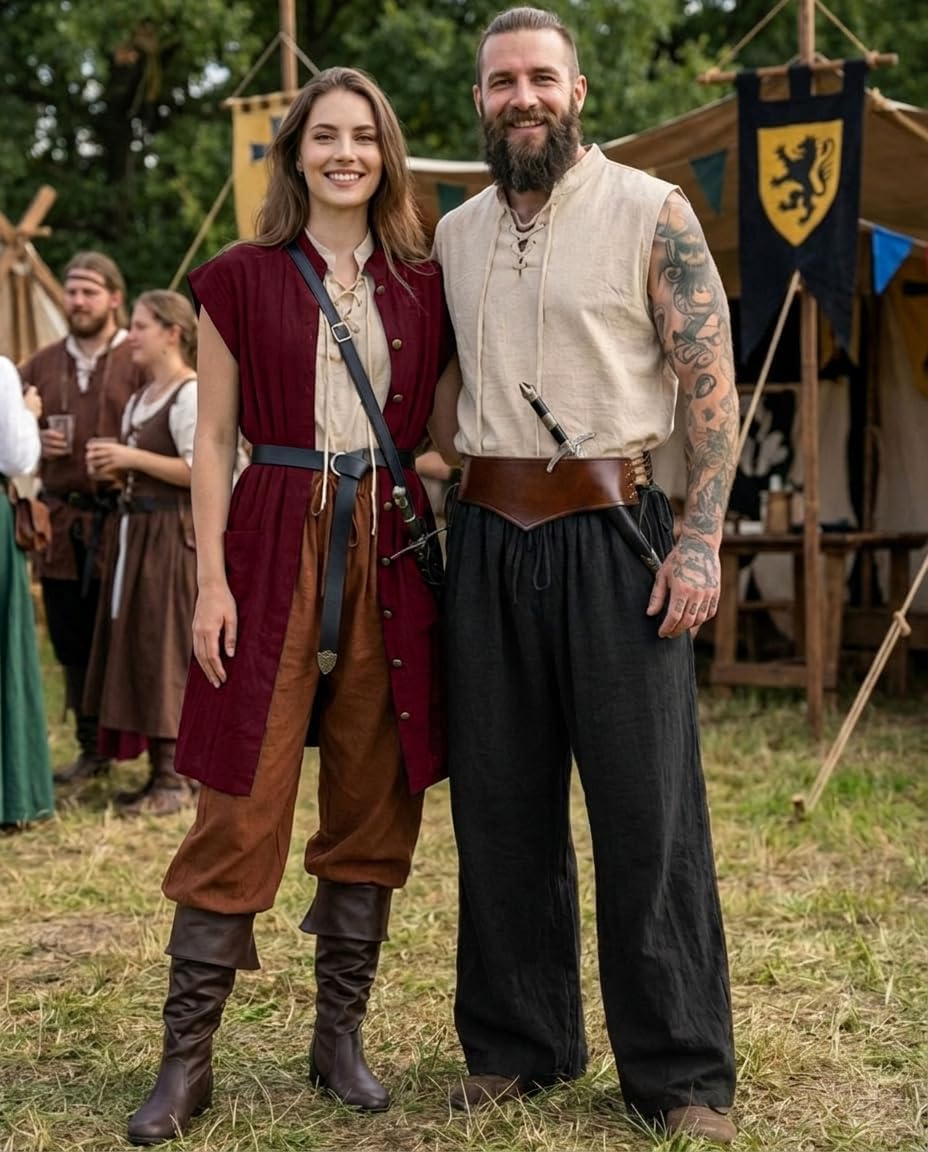 Men's Cotton Pirate Pants, Medieval Renaissance Wide Leg Drawstring Trousers, Loose Viking LARP Costume Pants for Men