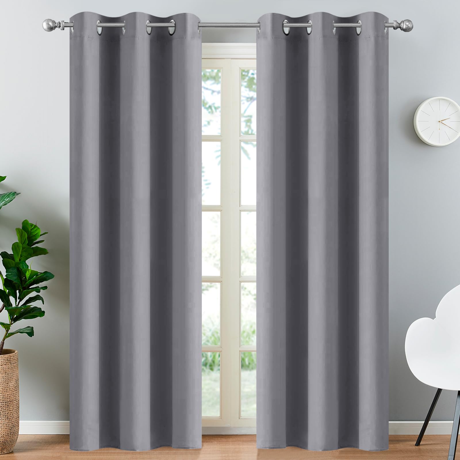 Yakamok Blackout Curtains Room Darkening Thermal Insulated Window Panels,Solid Grommet Top Drapes for Bedroom/Living Room(38Wx90L, Grey, 2 Panels) — image 1