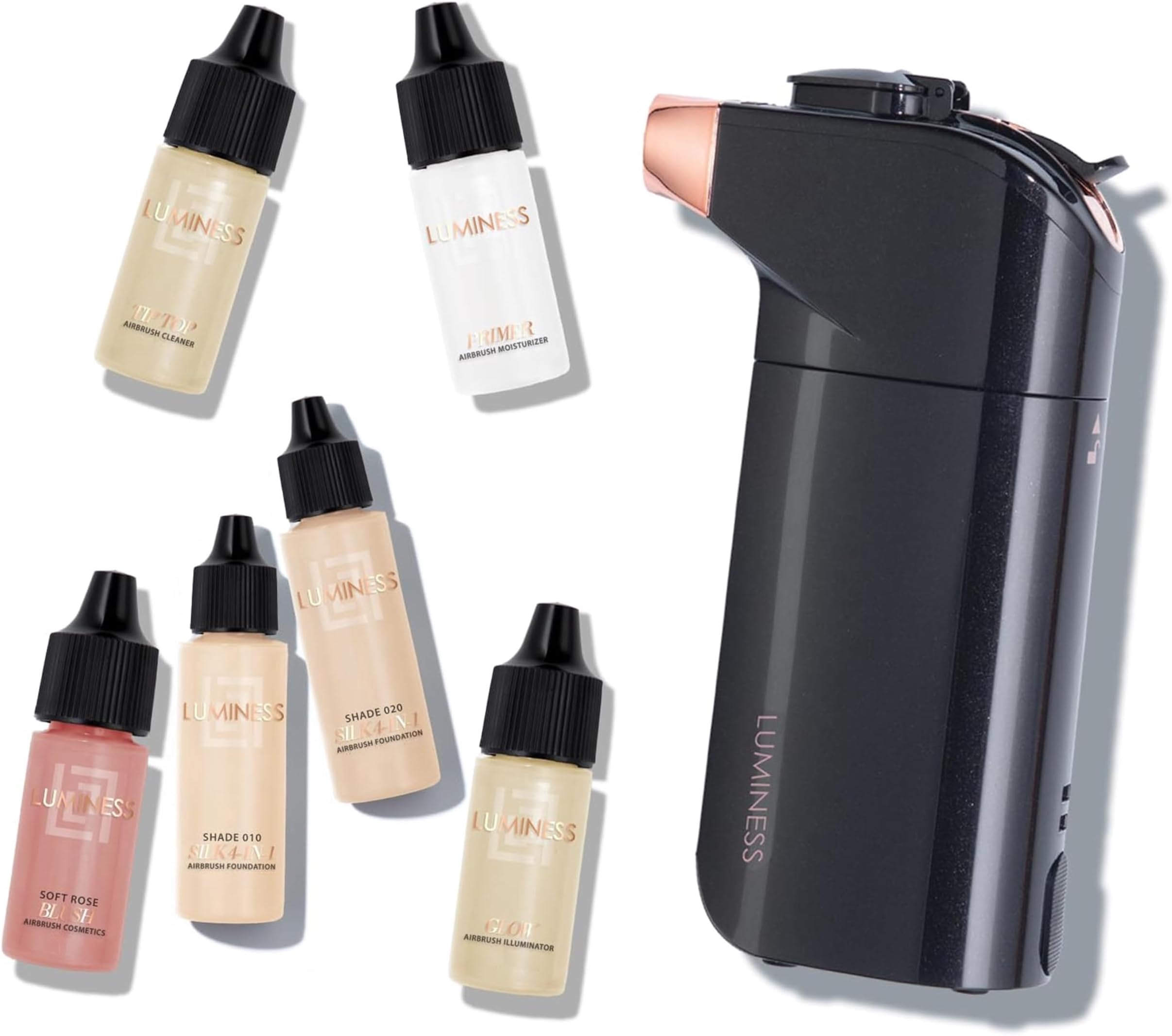 Luminess BREEZE DUO Airbrush Makeup System, Fair Coverage โ 9-Piece Kit includes 2x Silk Airbrush Foundation, Soft Rose Blush, Glow Highlighter, Moisturizer Primer, and Airbrush Cleaning Solution