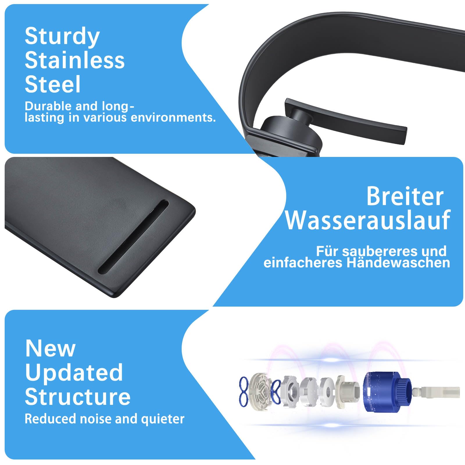 Rubinetto a cascata per bagno in acciaio inox, miscelatore monocomando con acqua calda e fredda, a risparmio energetico, nero