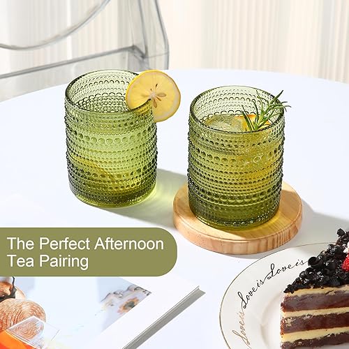 Miniatura 6 de Juego de vasos de vidrio vintage de 6 vasos de vidrio de hobnail de 12 onzas, vaso de agua verde en relieve, para cerveza, cóctel, whisky, jugo y