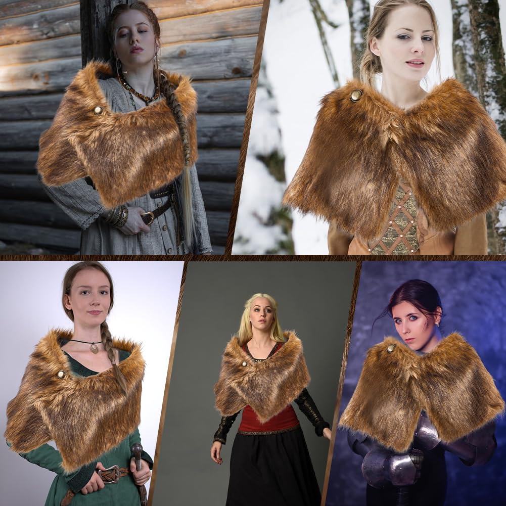 GORGECRAFT Women Viking Faux Fur Shawl and Wrap Fur Stole Camel Medieval Queen Wool Medieval Knight Shoulder Wrap Cloak Collar with Leather Belts for Halloween LARP GoT Warrior Cosplay Costume - Image 4