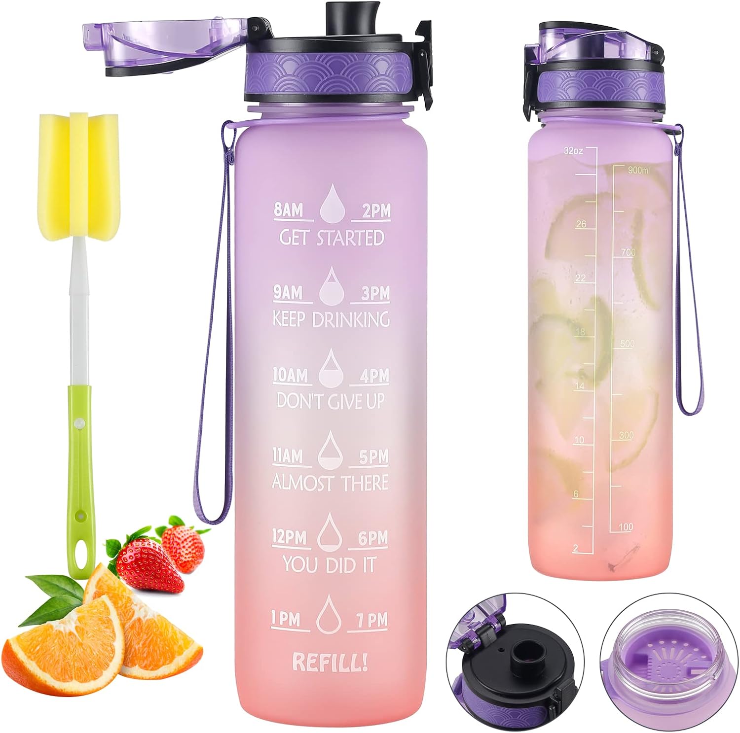 Kanglesdip 32 oz Large Water Bottle with Motivational Time Marker & Removable Strainer,Fast Flow BPA Free for Fitness, Gym and Outdoor Sports (Purple/Orange)