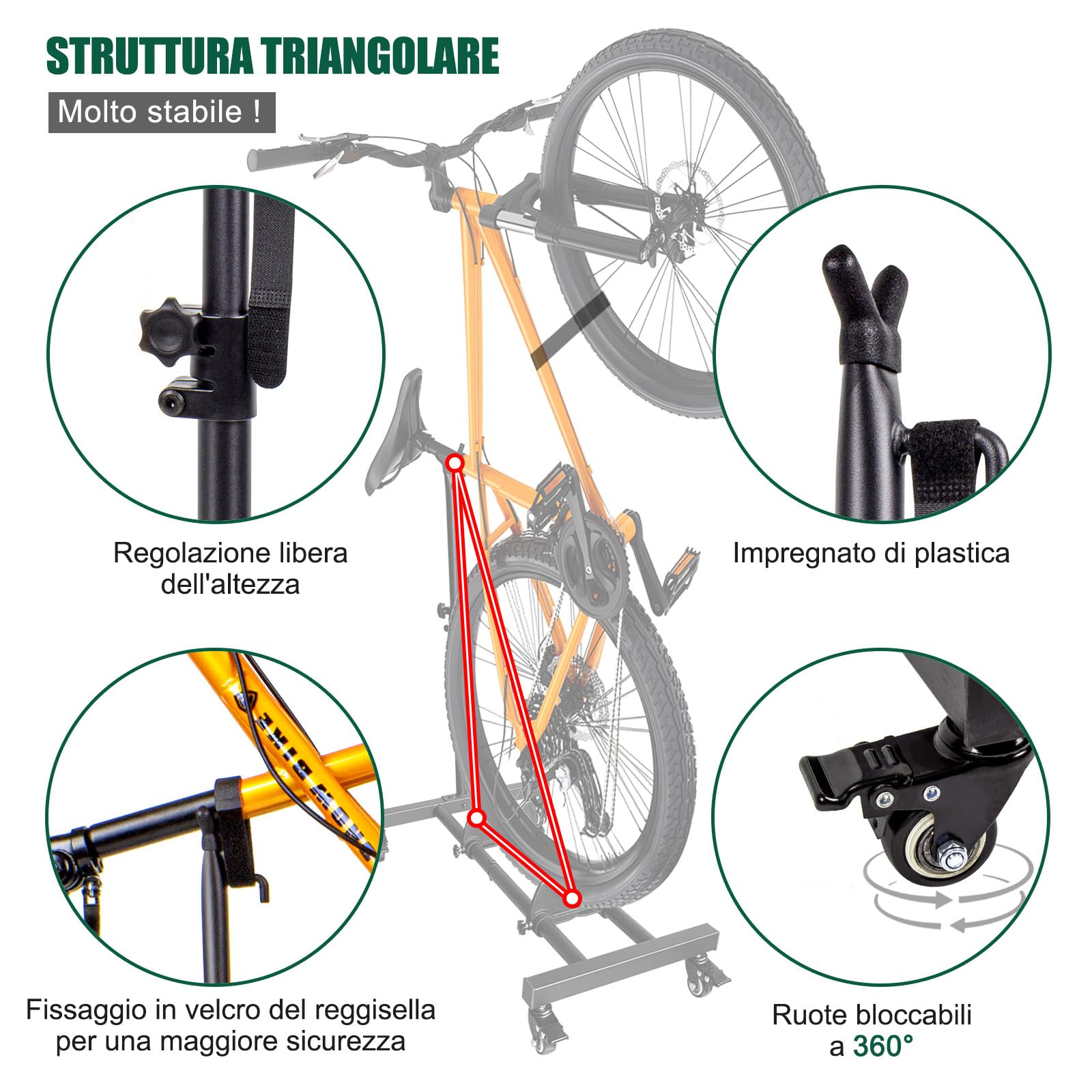 Mimoke Supporto verticale per bicicletta – Supporto da pavimento per bicicletta con ruote bloccabili, altezza regolabile, per tutti i tipi di biciclette fino a 4 pollici di larghezza del pneumatico,