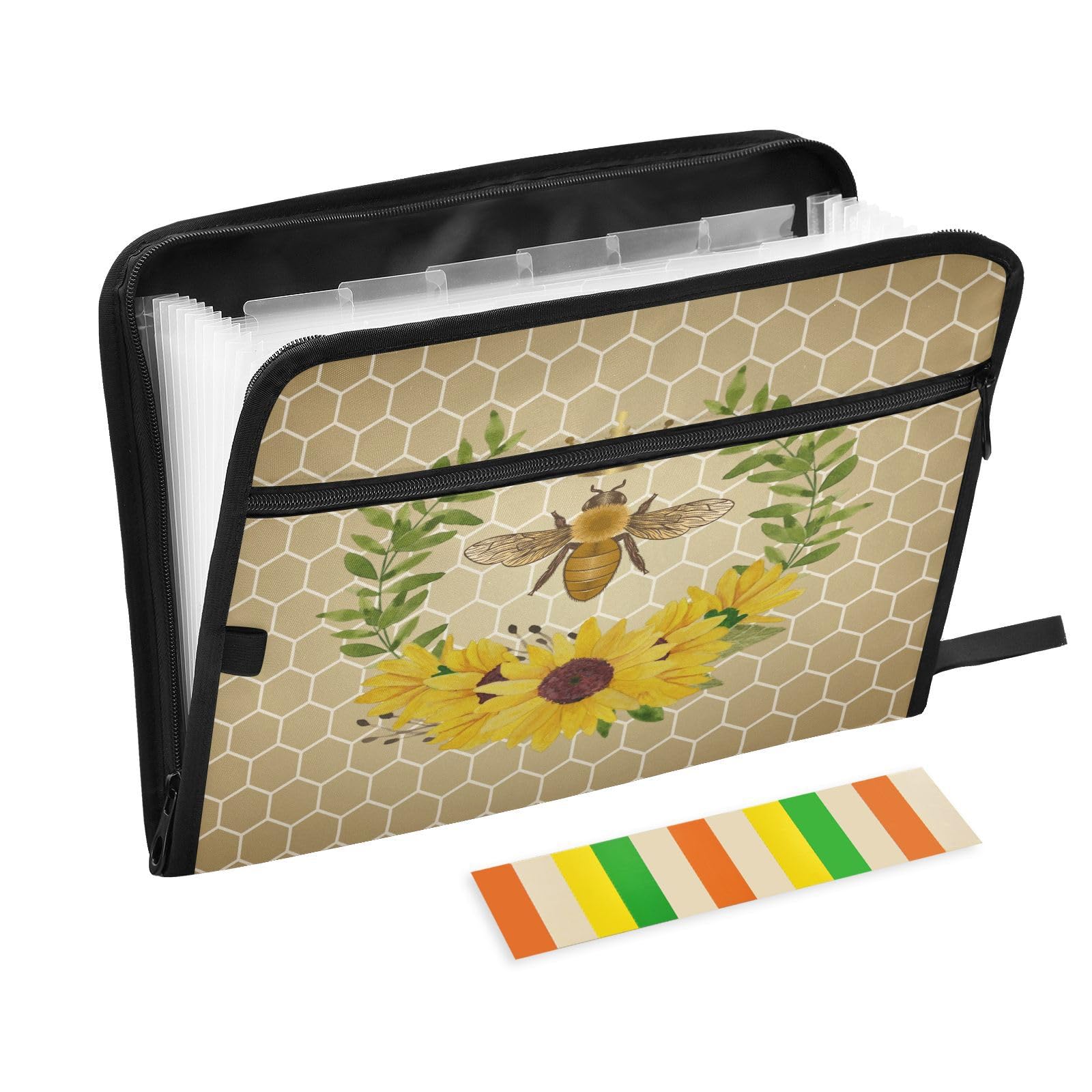 Quteprint 13 Pockets Expanding File Folder with Zipper Closure, Honey Bee Sunflower Geometric Accordion File Folder with Sticky Labels, Letter Size A4 Papers Expandable File Document Organizer