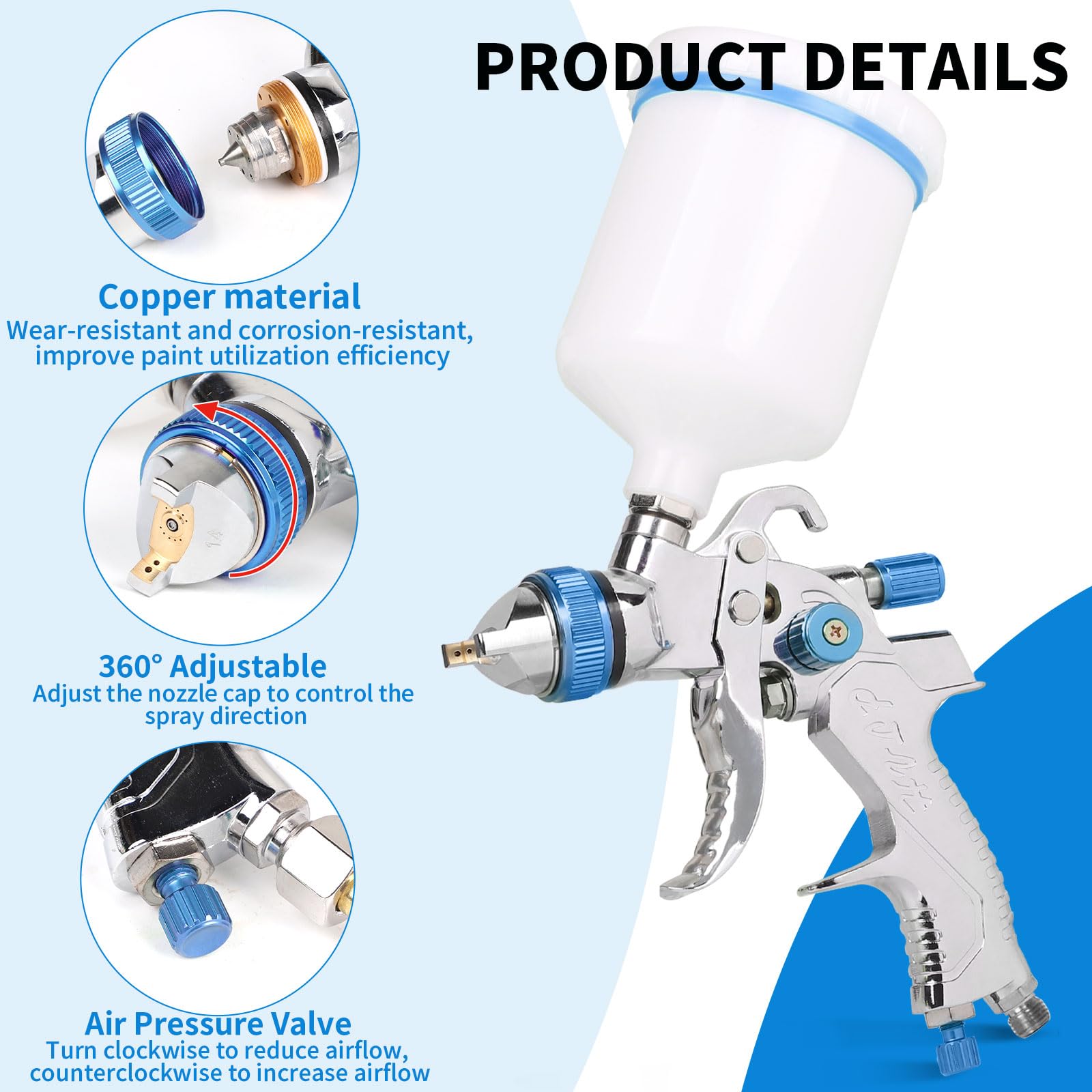 DBREAKS HVLP Pistolet à Peinture 1,4/1,7/2,0/2,5 mm, Pistolet à Air, Bleu