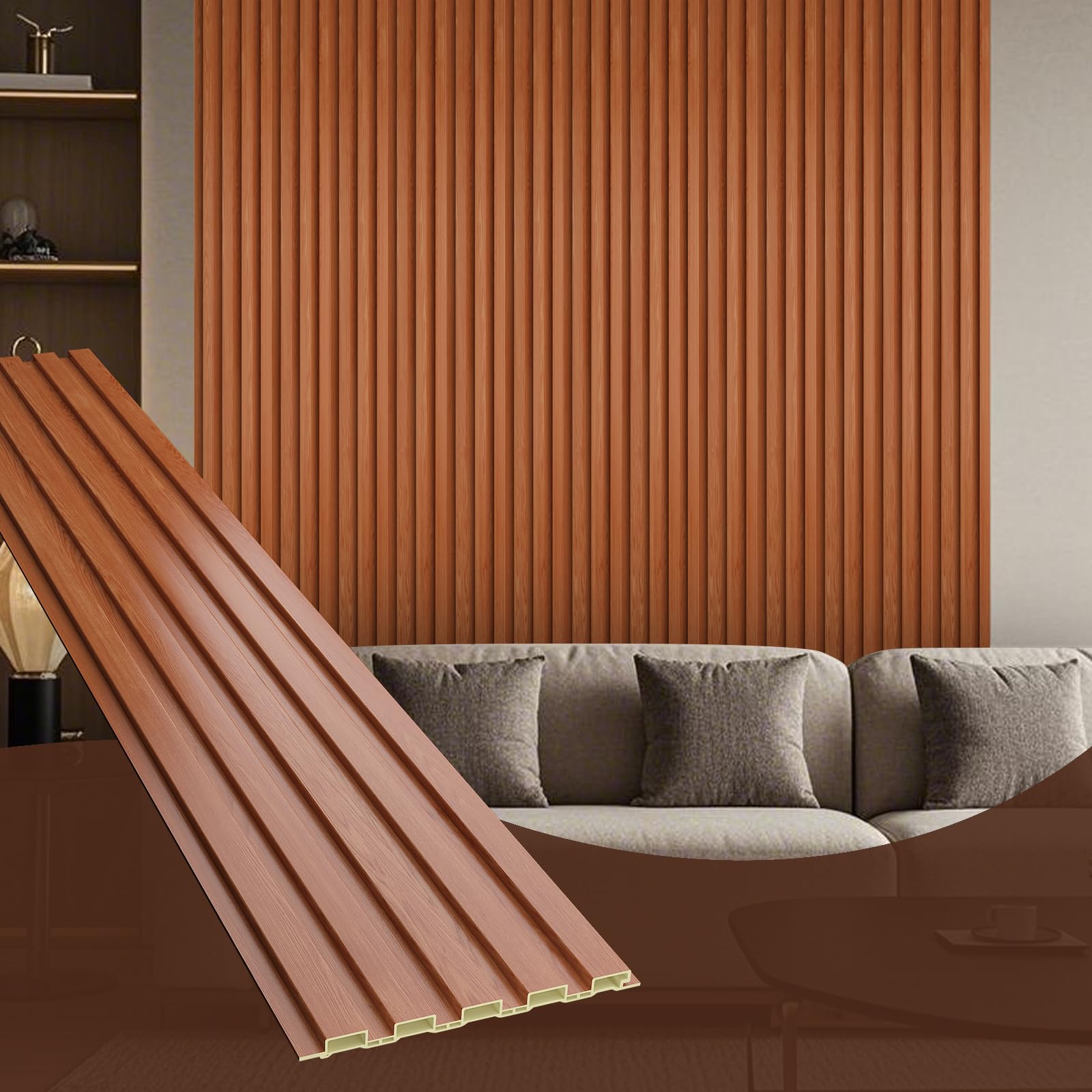 ouzugie wpc acoustic slat wall paneling, 8-pack 96 x 6 inches 3d wall panels for interior wall decor,living room,tv background,study room,office spaces,bedroom,low grille (teak)