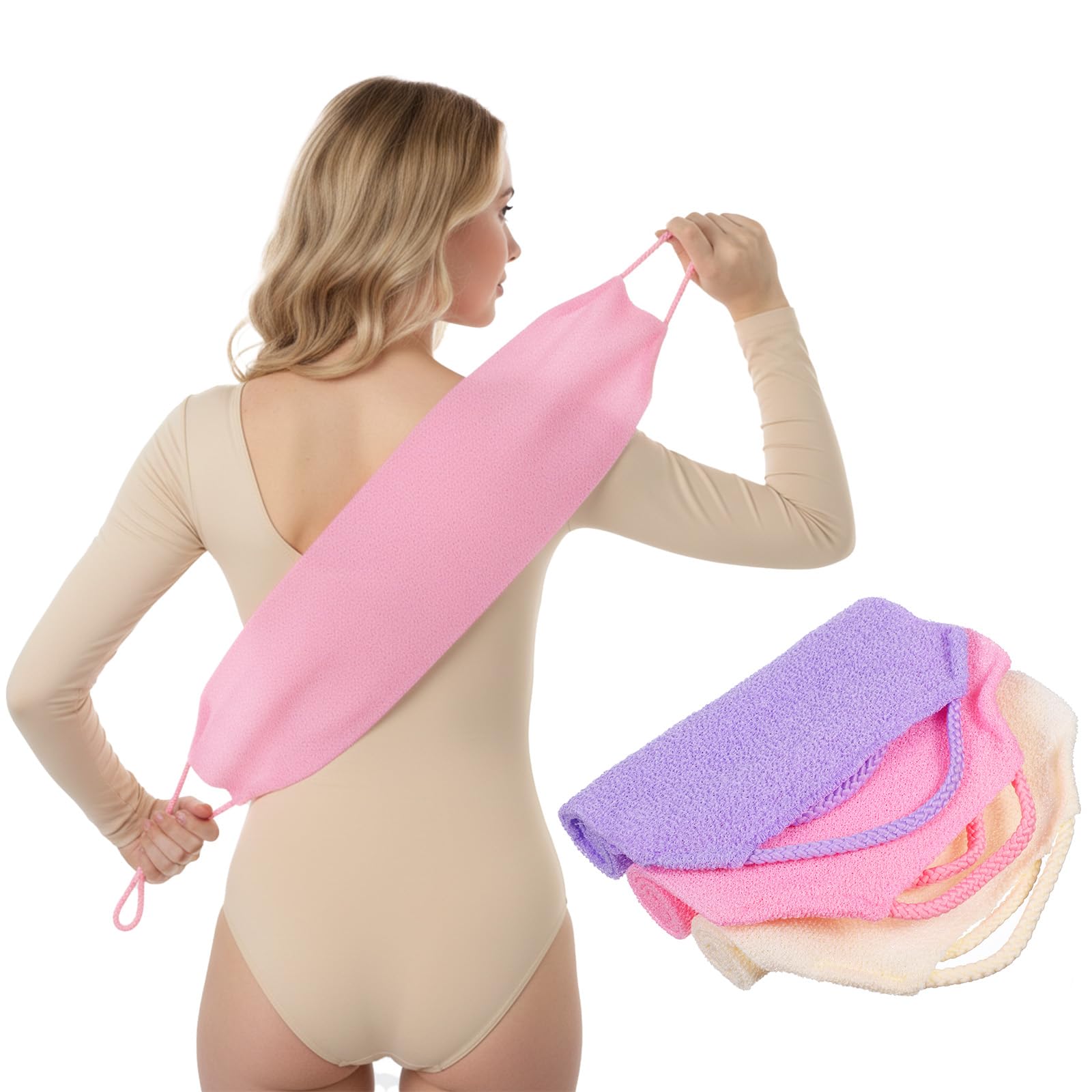 Muiltvoe 3 Pcs Back Scrubber for Shower, Double-Sided Back Exfoliator with Handles Extended Length Stretchable Back Washers for Shower Body Washcloth for Women Men