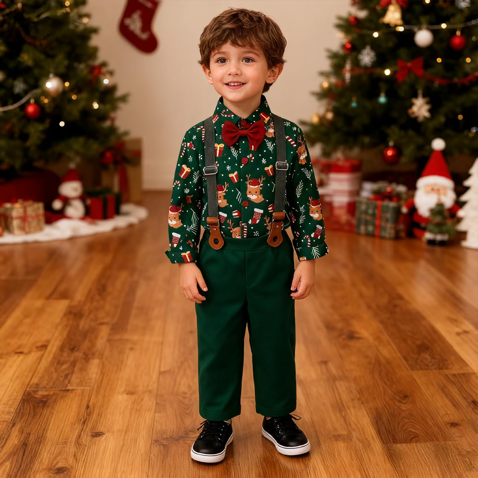 Kunyeah Abito natalizio da bambino per neonati Camicia a maniche lunghe con papillon e bretelle Pantaloni abito per bambini dai 9 mesi ai 6 anni