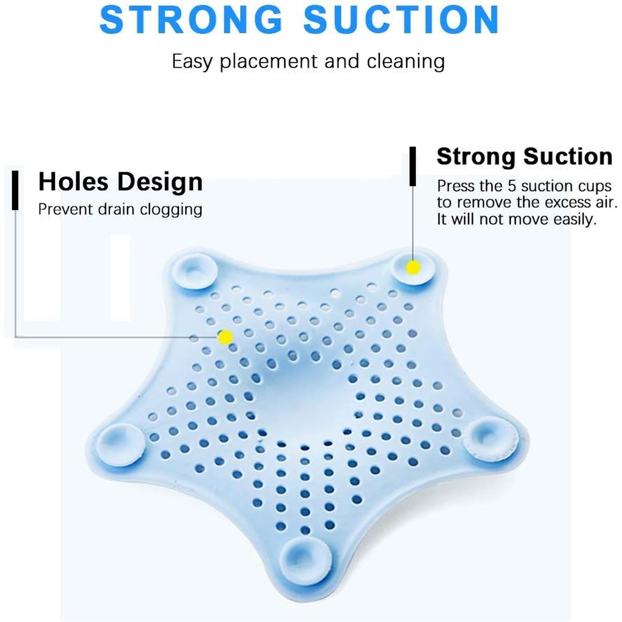 Drain Hair Catcher 3 Pack - Star Shaped Silicone Drain Cover with Strong Suction Cups - Kitchen Bathroom Shower - Prevents Clogs - 5.9 Inch (Pink, Red, White, Green, Blue, Black) - 3