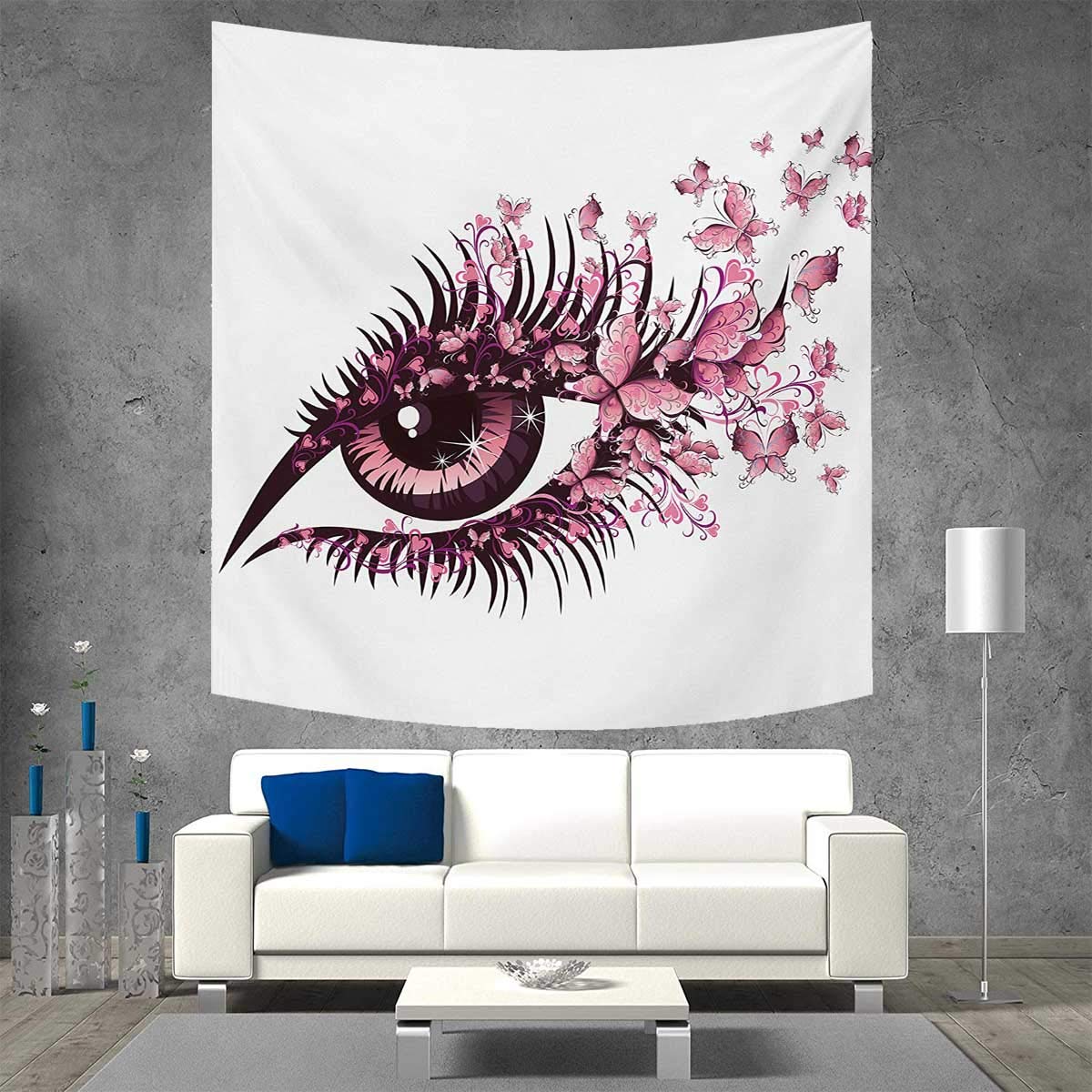 Anniutwo Butterflies Tapestry Wall Tapestry Fairy Female Eye Butterflies Eyelashes Mascara Stare Party Makeup Art Wall Decor 39W x 39L Inch Pale Pink Purple