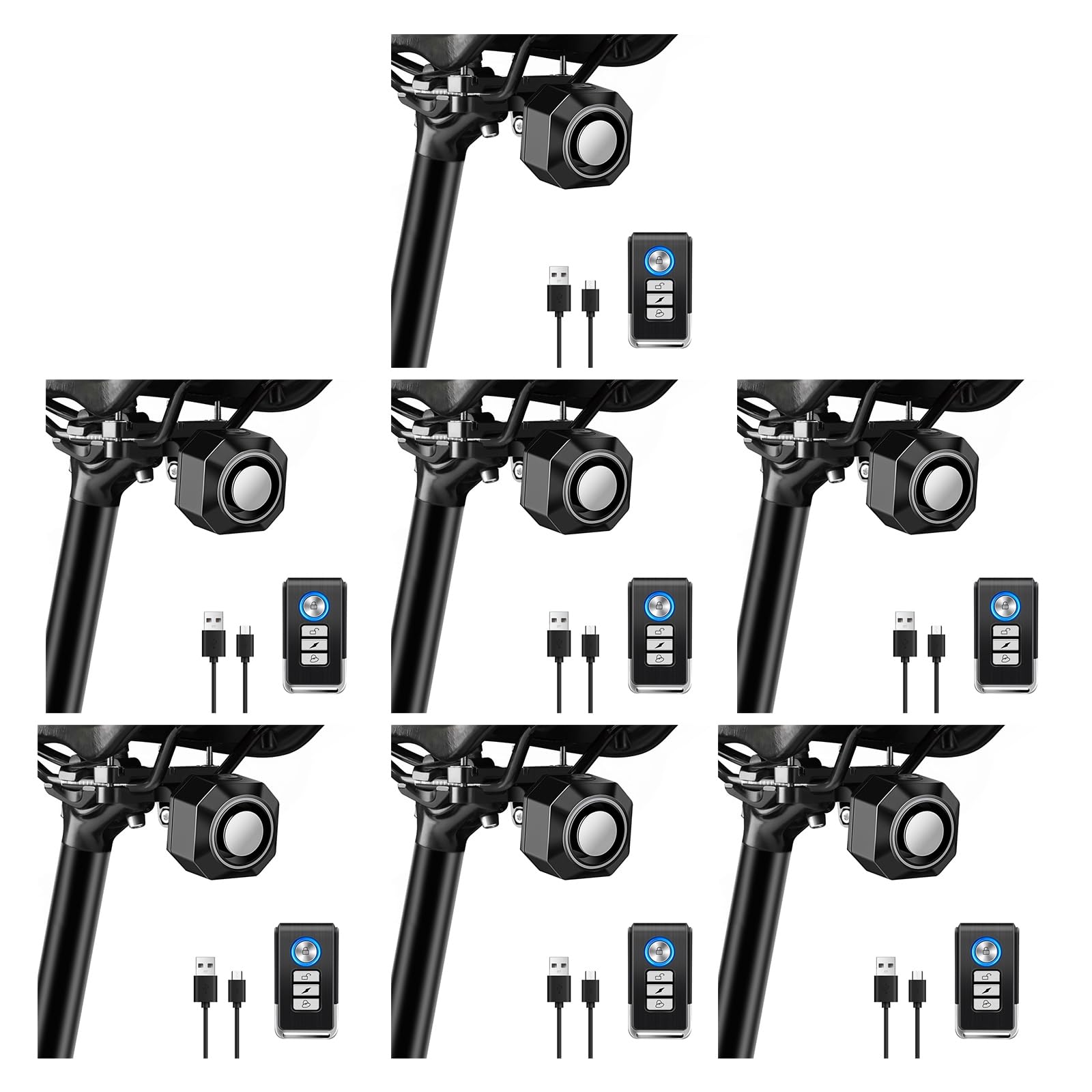 NineLeaf Fahrrad Alarmanlage mit Fernbedienung, 110dB Fahrradalarm mit Sattelhalterung, Lautstärke Empfindlichkeit einstellbar,IP65wasserdicht,USB-C wiederaufladbar, Diebstahlschutz für Fahrräder,7PK