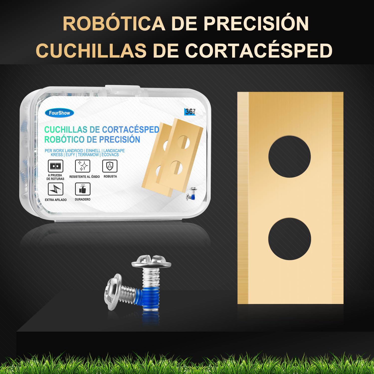 Lote de 36 cuchillas compatibles con Worx Landroid, LandXcape, Einhell, Eufy, TerraMow, ECOVACS Robot cortacésped, cuchilla de repuesto de titanio robusta, incluye tornillos con pintura de seguridad