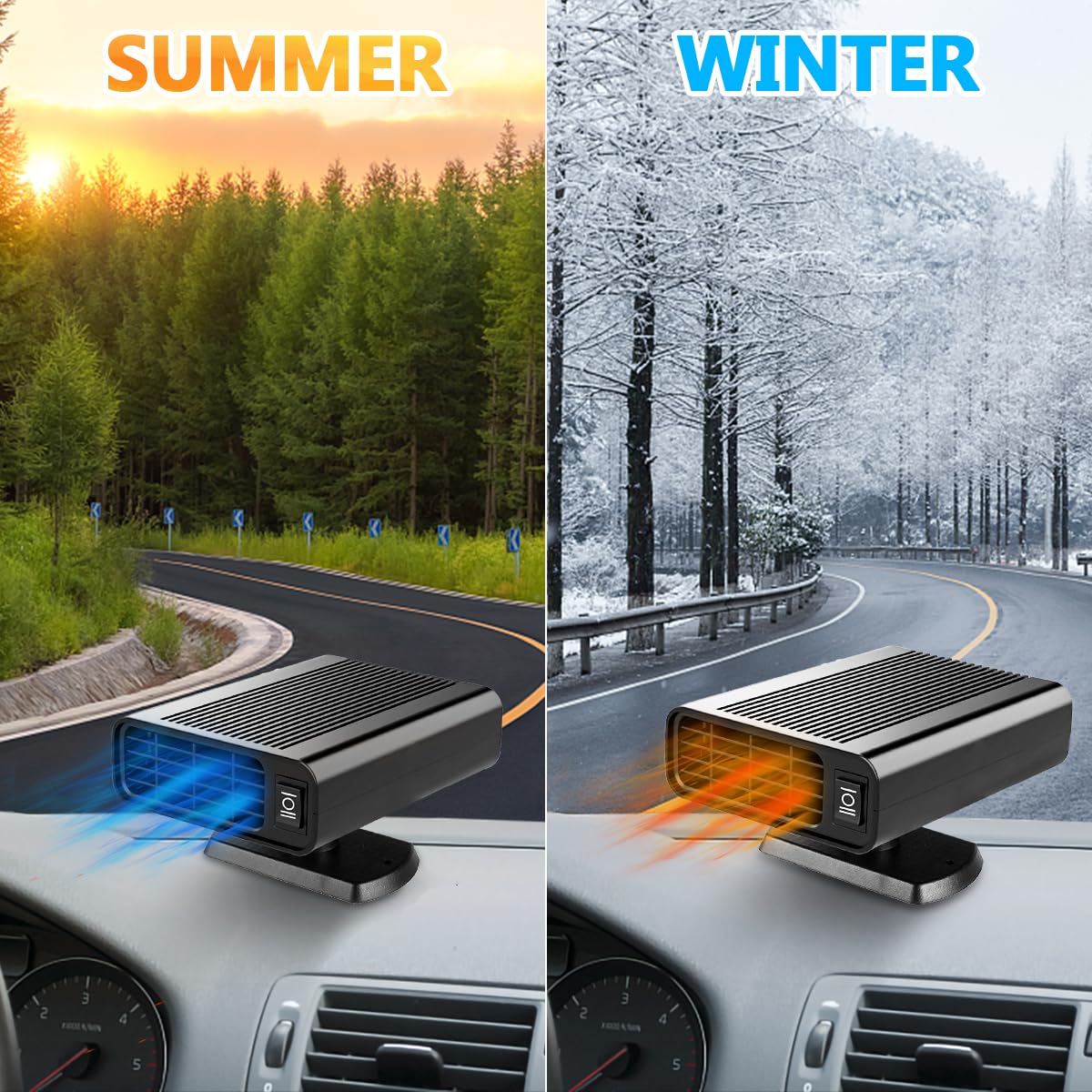Showvigor Clima Ventola Auto 2-in-1, Riscaldatore e Ventilatore Portatile 150W, Doppia modalità Caldo/Freddo, 360° Rotazione, per Defrosting e Aria Fresca, Universale per Auto