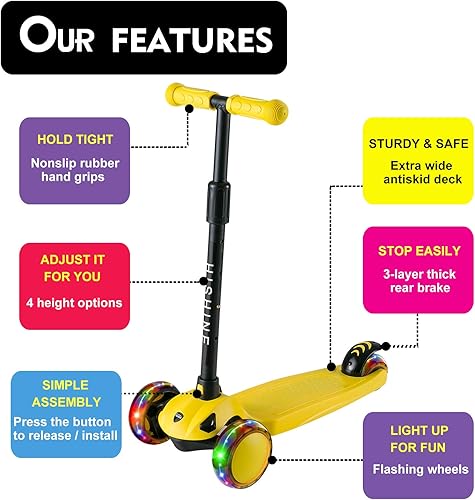 Miniatura 2 de Hishine - Patinete para niños con 3 ruedas iluminadas y altura ajustable para edades de 2 a 7 años, niñas y niños pequeños, inclinados para