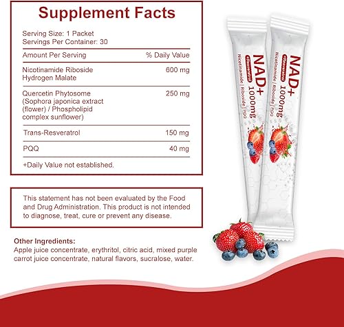 Miniatura 2 de NAD 1000mg Líquido  30 paquetes  Mezcla de bebida NAD+ con ribósido de nicotinamida, PQQ y resveratrol  Sabor a bayas, aumenta la energía, la