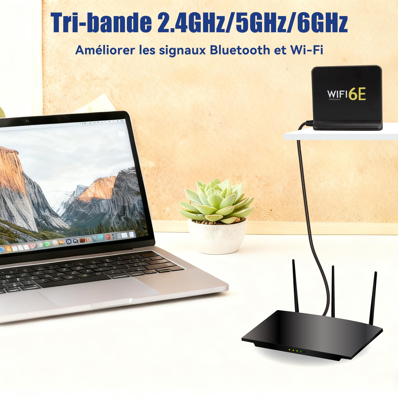 Antenne WiFi 6E MIMO Tri-Bande 2.4 GHz 5 GHz 6 GHz avec Base Magnétique Antenne WiFi 8 dBi Câble RP-SMA 2M pour Cartes Mères PCIe/PCI, PC de Bureaux Caméras de Sécurité Points d'Accès Sans Fil