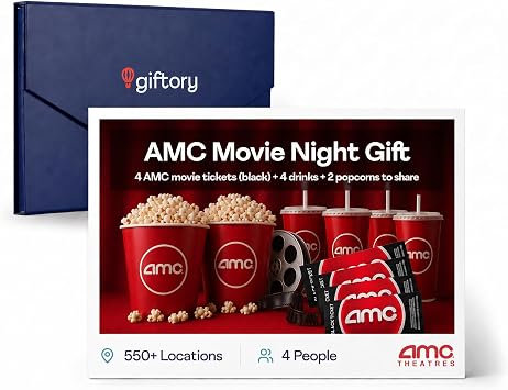 Giftory AMC Movie Night Gift for 4 - Tickets, Drinks & Popcorn - Experience Gift Box for Families & Groups - Perfect for Birthdays, Days Out - All 530 Locations - NATIONWIDE