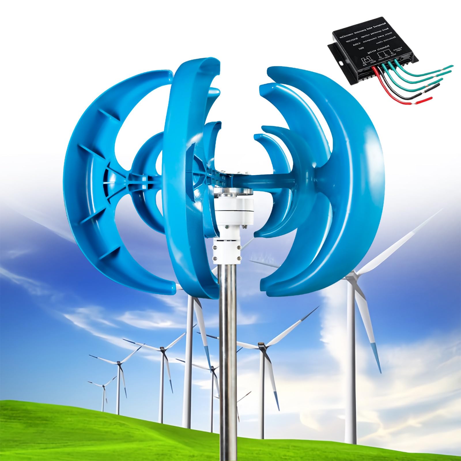 12000W Wind Turbine Generator, 12V/24V/48V 5 Blades Vertical Wind Turbine Kit, 3 Phase AC Generator, Low Wind Speed Starting Wind Power Generator with Controller for Home, Boat, Camping,Blue-12V