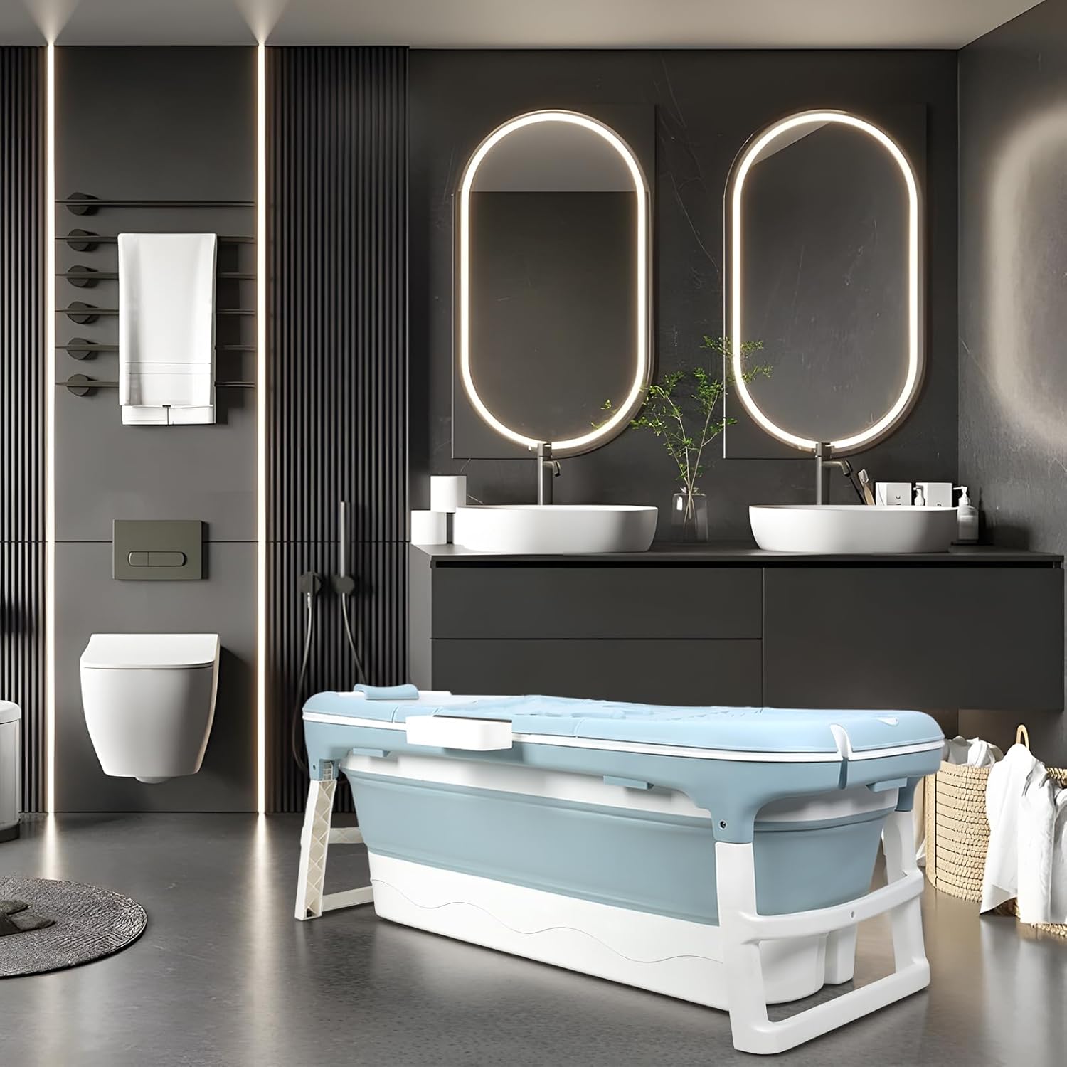 50 inch Portable Bathtub Adult，Foldable Bath tub for Adults with Storage Basket, Portable Folding Bathtub Adult Large Foldable Tub, Hot and Ice Bath (Blue with lid, 130CM)