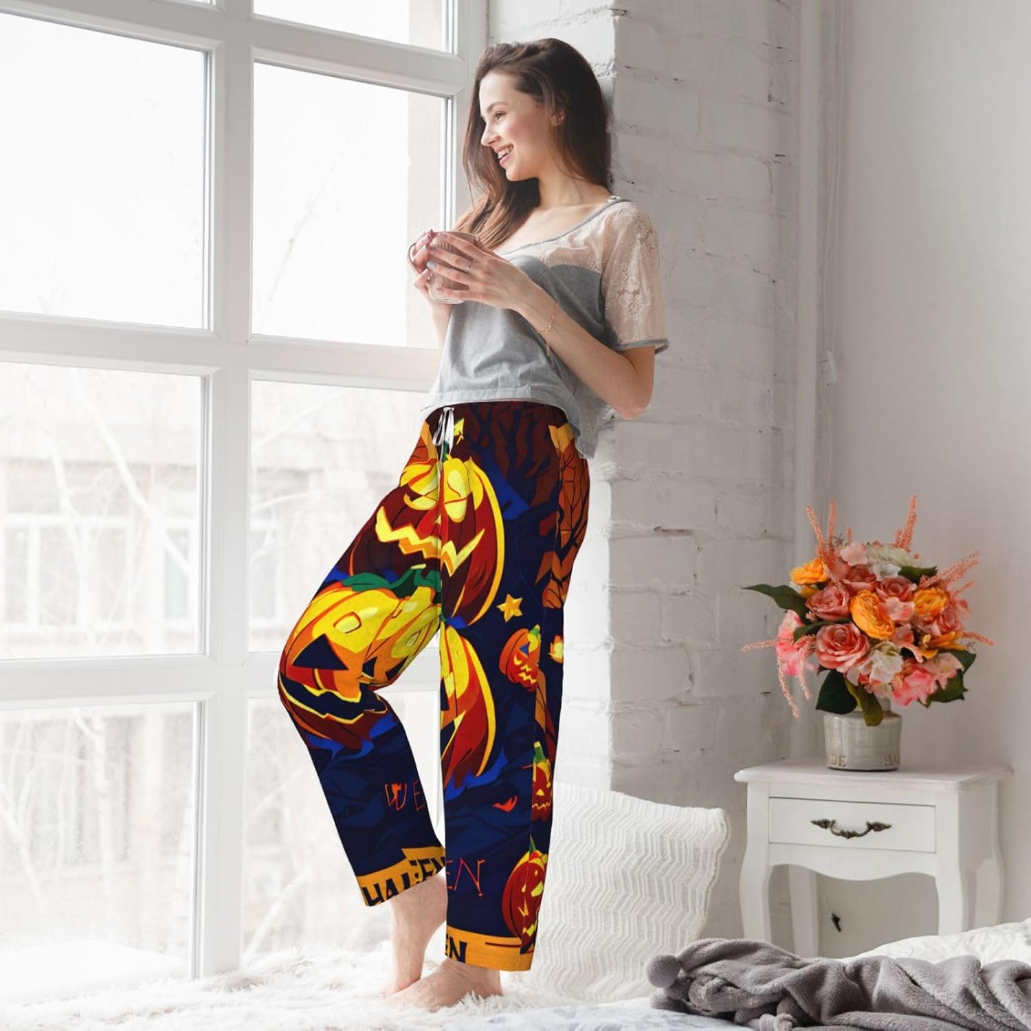 Halloween Pumpkin Print Fashion Cozy Womens Flannel Pajama Pants,Perfect For Christmas And Everyday Wear