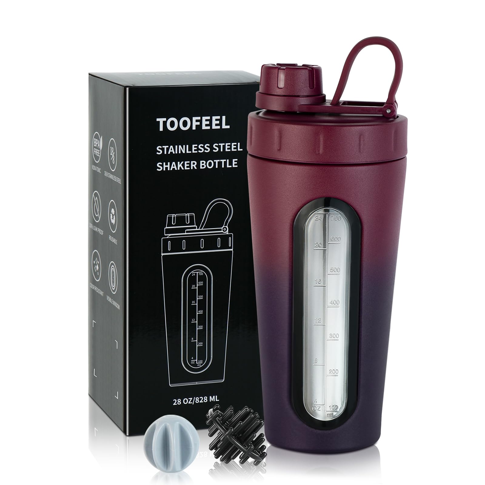 TOOFEEL Shaker Bottles for Protein Mixes - 28 oz Stainless Steel Protein Shaker with 2 Shaker Balls, Not Stays Cold/Hot, Visible Window Metal Shaker