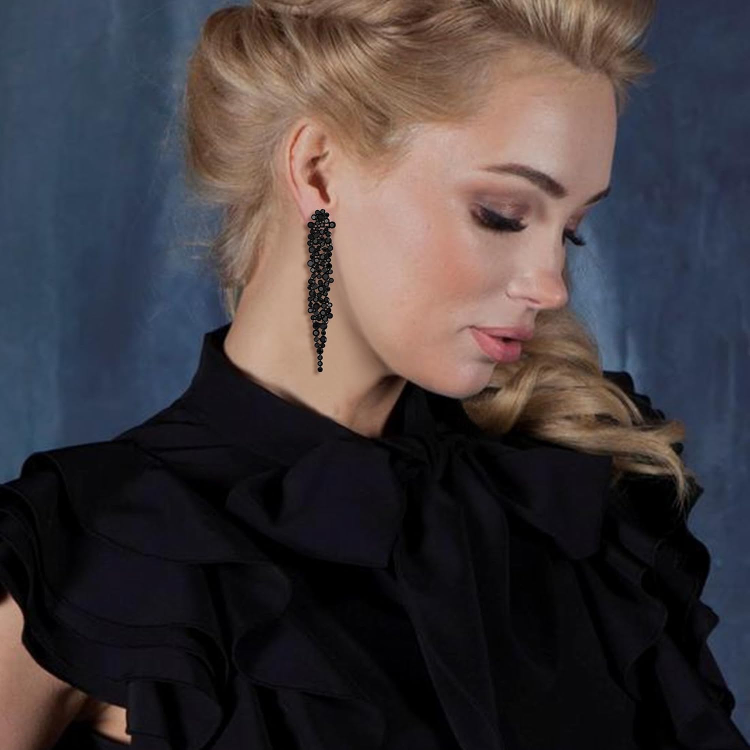 EVER FAITH Rhinestone Crystal Art Deco Statement Clip-on Earring, Wedding Prom Long Chandelier Dangle Earrings for Women - Image 3