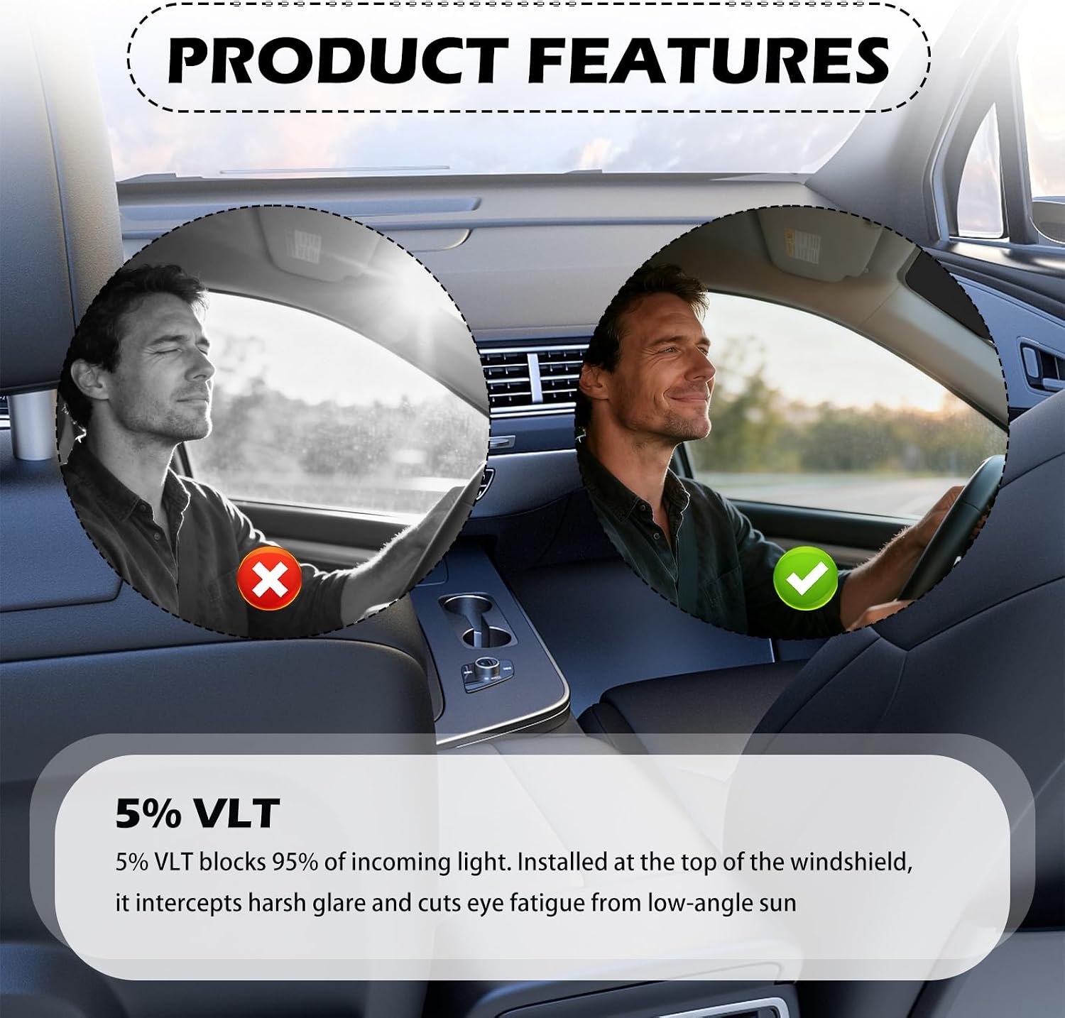 5% VLT Windshield Tint Strip Front,59.06"×8.07" Car Window Tint Film Kit with Knife & Squeegee for Blocking Heat & Light,Cuttable Automotive Windshield Sun Strip
