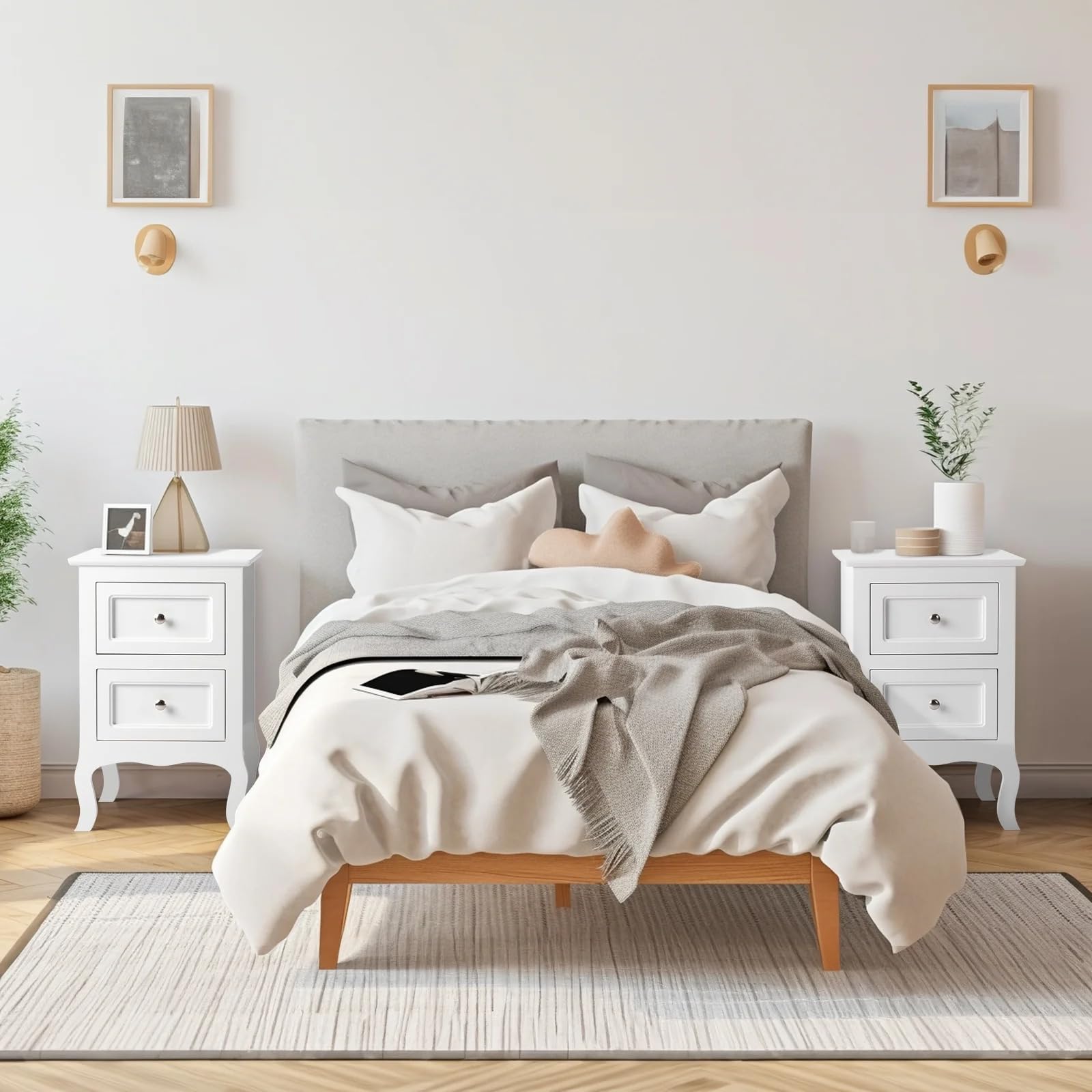 Nachttisch 2er Set Beistelltisch Bett mit 2 Schubladen aus Holzwerkstoff, Kommode weiß, 40x30x60cm, ideale Ergänzung für Schlafzimmer, Wohnzimmer und Büro (2)