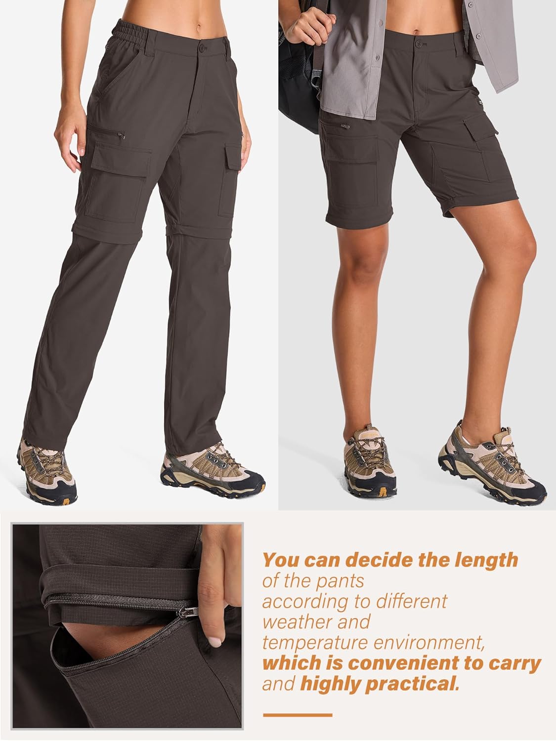Womens Hiking Pants Convertible Quick Dry Stretch Lightweight Zip Off Outdoor Safari Pants with Cargo Pockets,2195,Brown,10 - Image 2