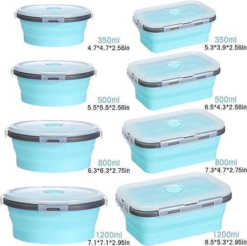 Miniatura 2 de Yaomiao Paquete de 16 Contenedores Plegables de Almacenamiento de Alimentos con Tapa Plegables, 8 Piezas de Tazones de Almacenamiento Rectangulares