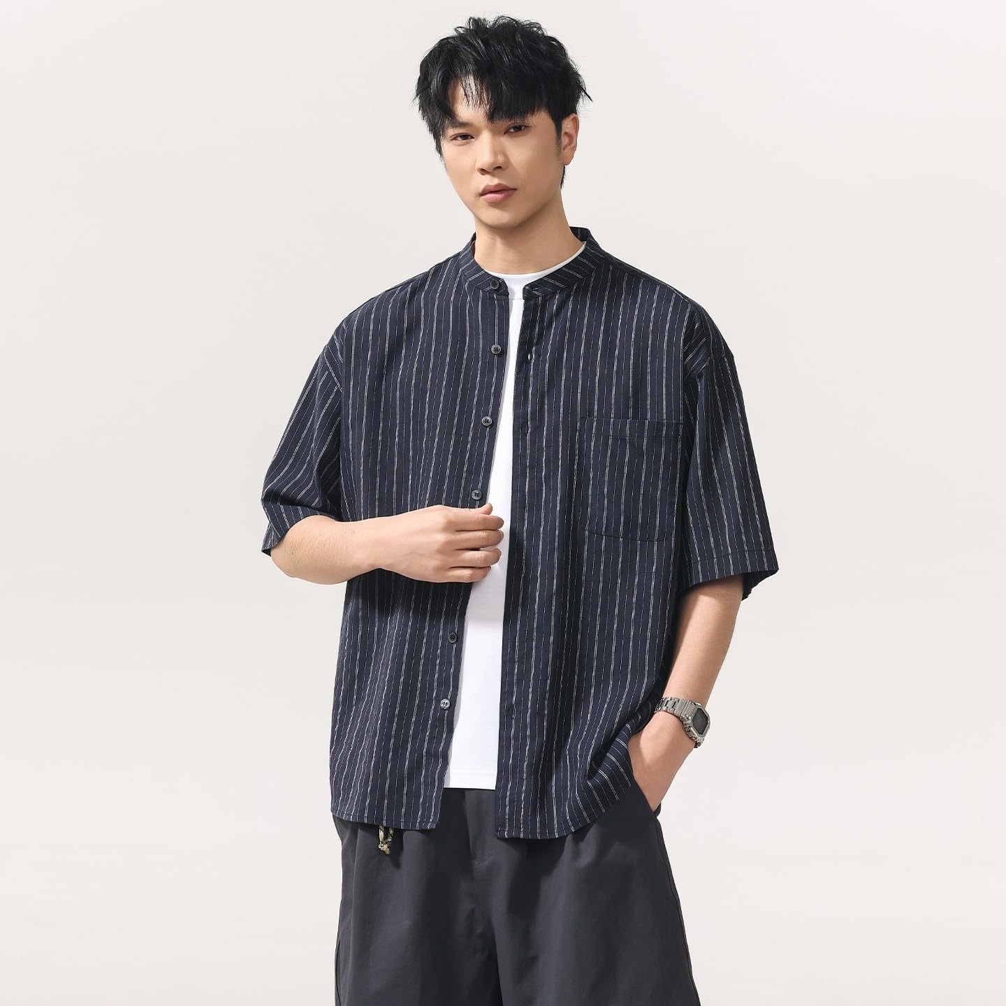Men's Summer Linen Blend Striped Cargo Shirt Short Sleeve Workwear