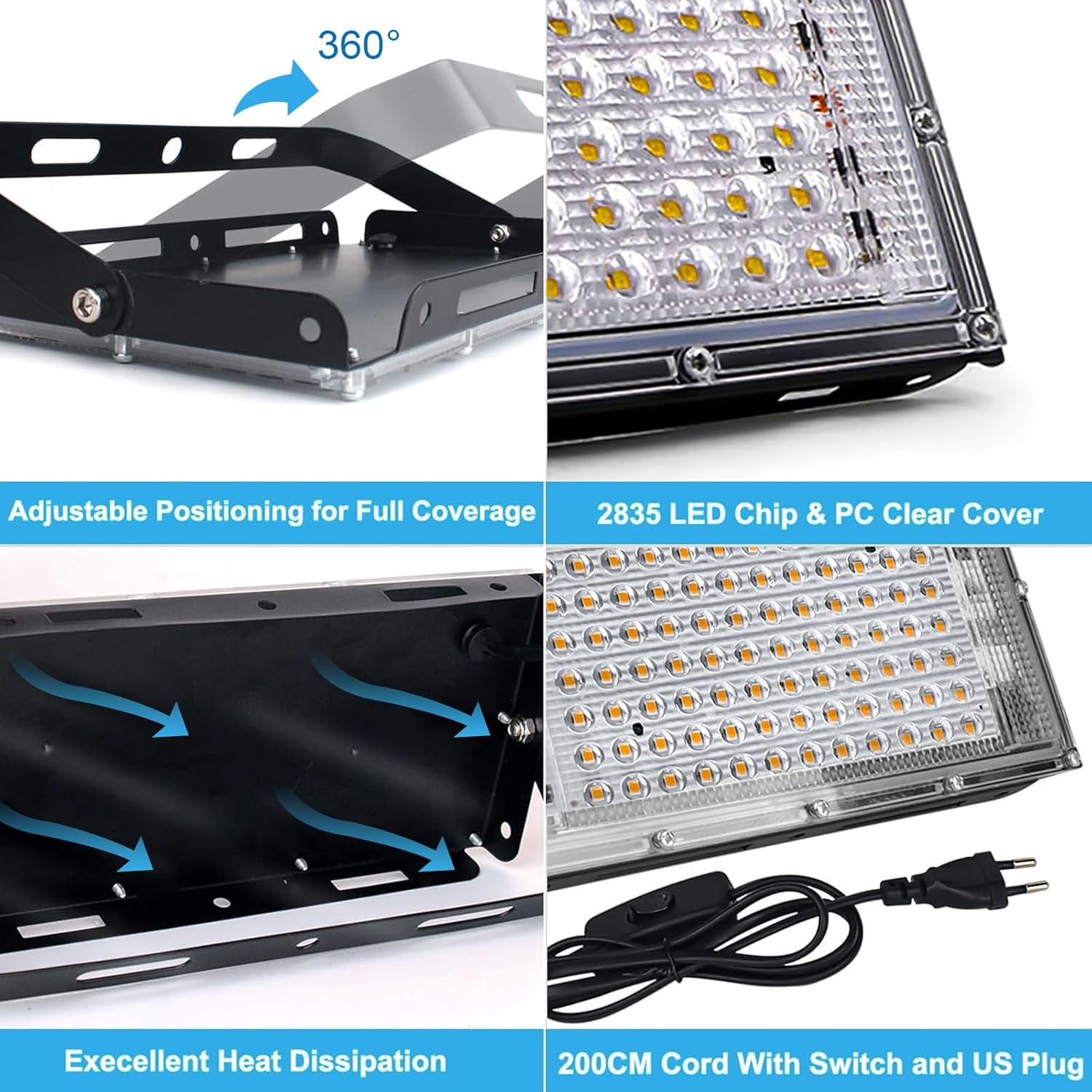 Detailed view of floodlight features: 360-degree adjustable bracket, 2835 LED chip with PC clear cover, excellent heat dissipation fins, and 200cm cord with switch and US plug (note: plug type may vary by region).