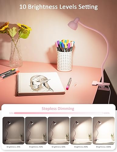 Miniatura 3 de Linda lámpara de escritorio con clip para niñas, 3 colores, 10 brillo, regulable, flexible, con cuello de cisne, luces de lectura para libros en la