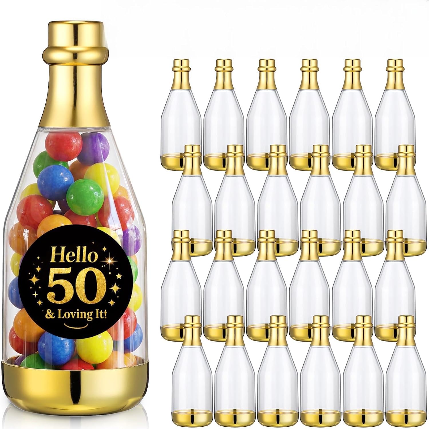Domensi 24 Set 50th Birthday Party Favors for Guests, Mini Gold Champagne Candy Bottle with 24 Stickers, 50th Anniversary Party Decorations, Small Treat Containers for Candies & Sweets, Black and Gold