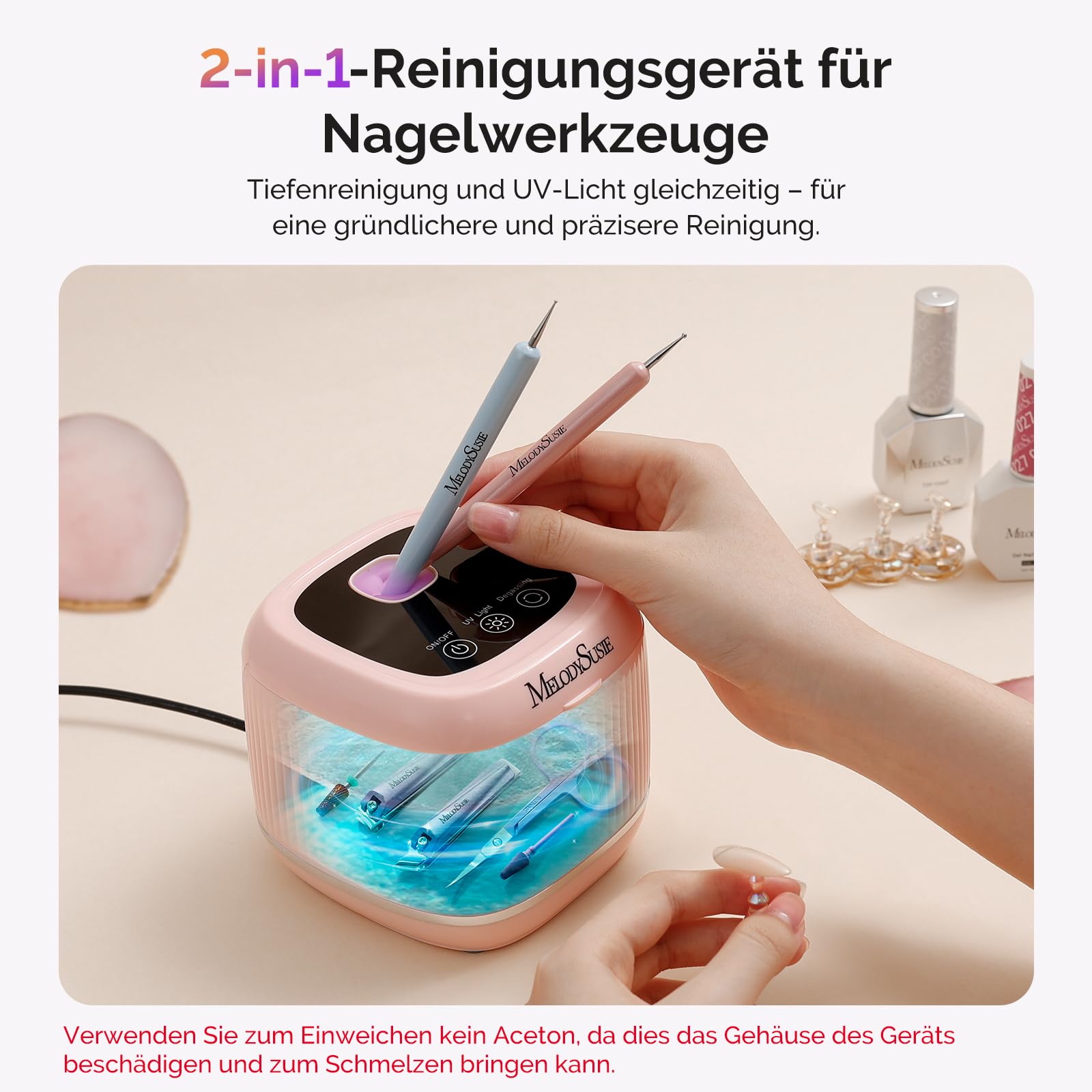 MelodySusie 2-in-1 Reinigungsgerät für Nagelwerkzeuge, UV Sterilisator mit 3 Timer-Modi Multifunktionale für Nagelfeilen, Nagel Pinsel, Nagelknipser, Schmuckreinigung, für Salon und Home, Rosa