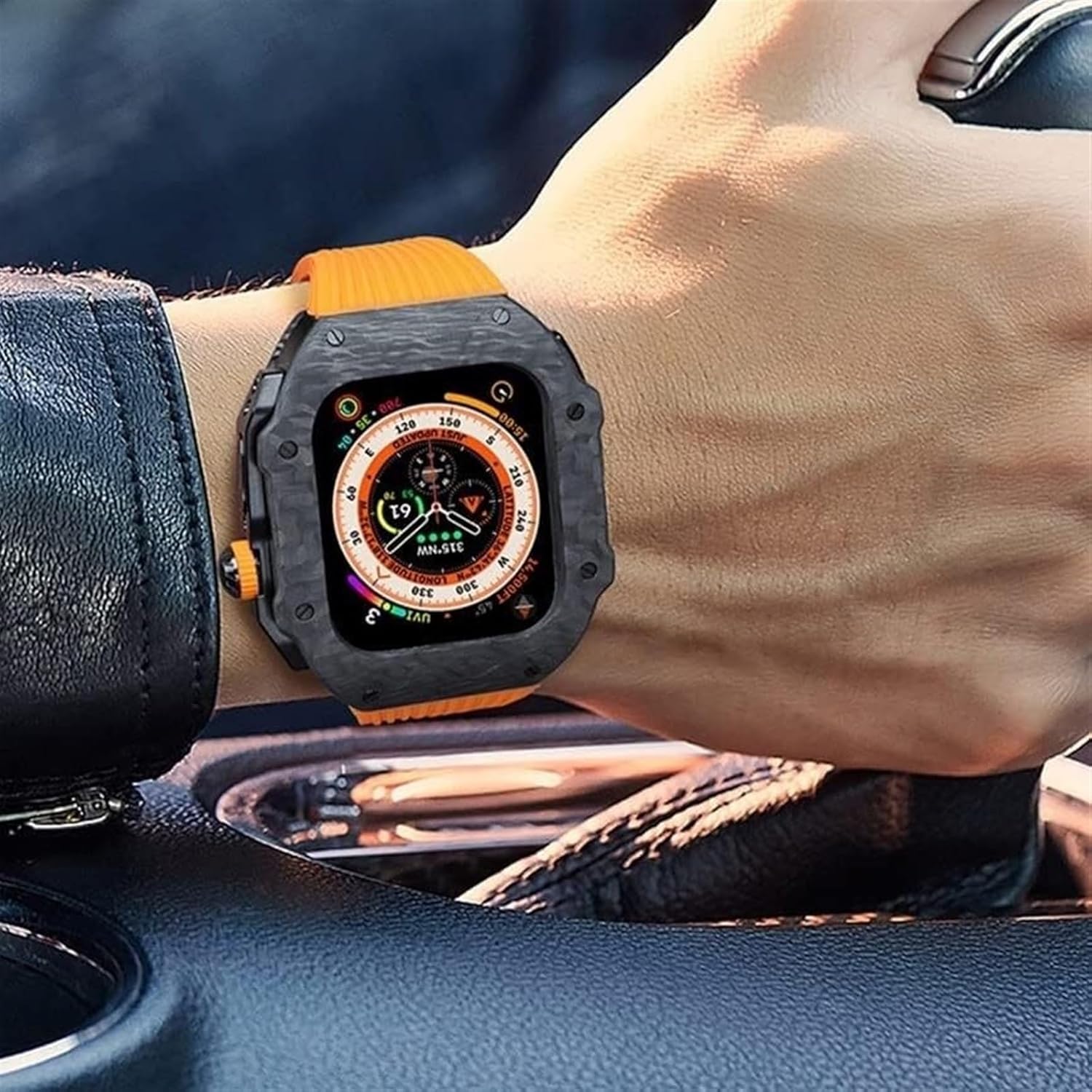 BUDAY Carbon Fiber Case Rubber Strap，For Apple Watch Ultra 8 7 6 5 4 SE, Fluorine Rubber Sport Watch Case Modification Kit，For Iwatch Series 45mm 44mm Replacement Accessories