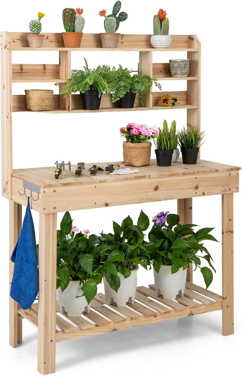 MAT EXPERT Potting Bench Table, Garden Table with Open Shelves, Flip-Up Table, Display Rack, Side Hooks, Wooden Plant Bench, Garden Storage, Outdoor Workbench for Garden, Patio, Yard (Brwon)