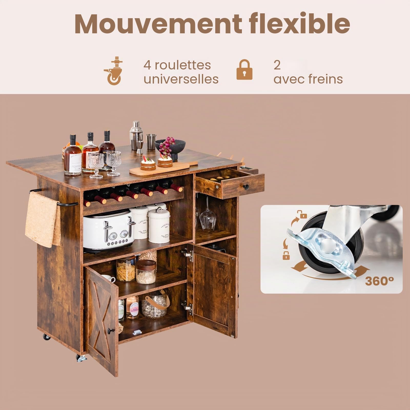 KOMFOTTEU Chariot de cuisine avec îlot de cuisine polyvalent, plateau pliable, étagère à vin, porte-verre, tiroir, étagères, bois rustique marron