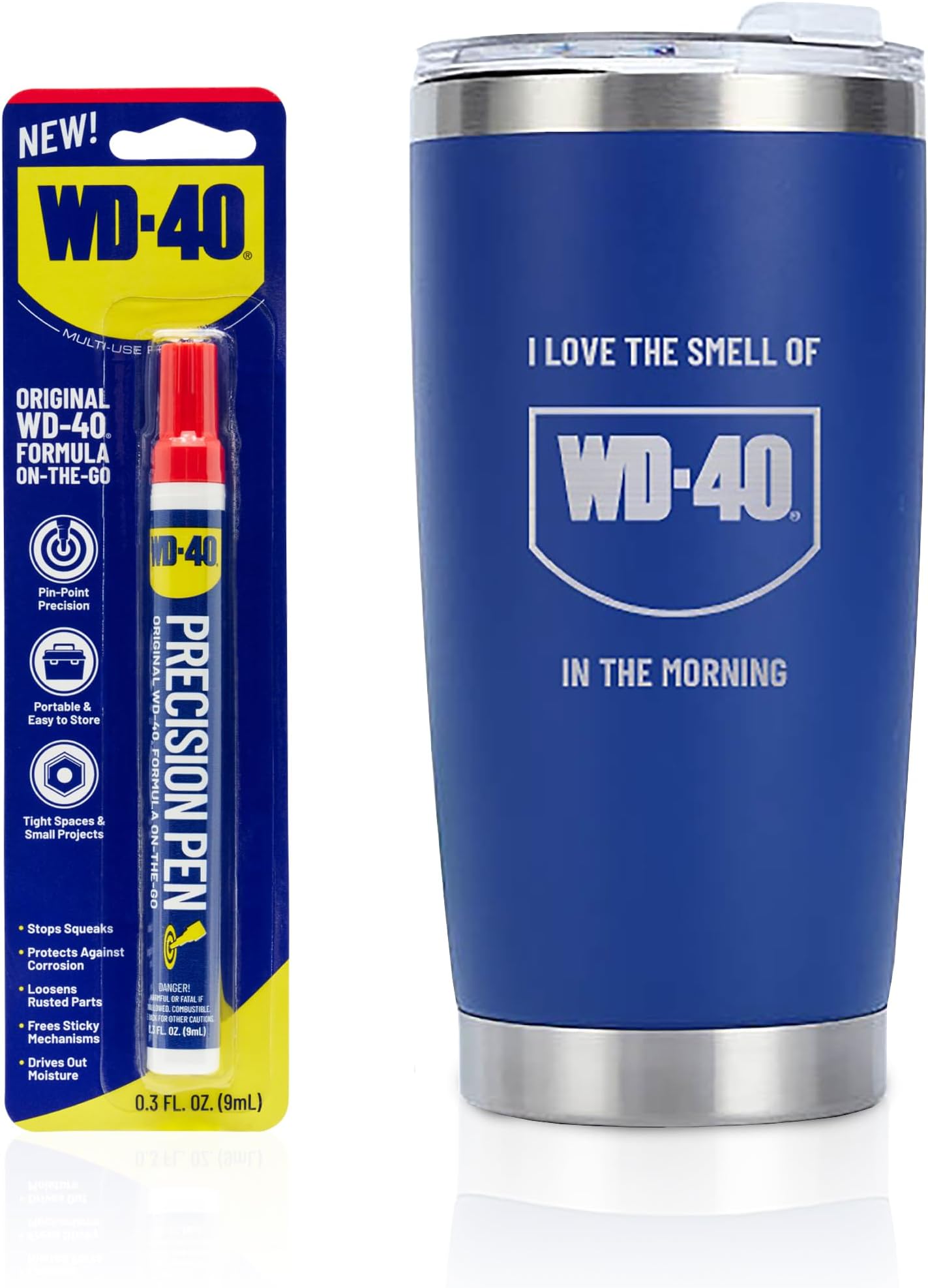 WD-40 Original Formula Precision Pen and Stainless Steel Tumbler Gift Bundle - Precision Pen for Pin-Point On-The-Go Lubrication and I Love The Smell of WD-40 in The Morning Steel Tumbler Mug