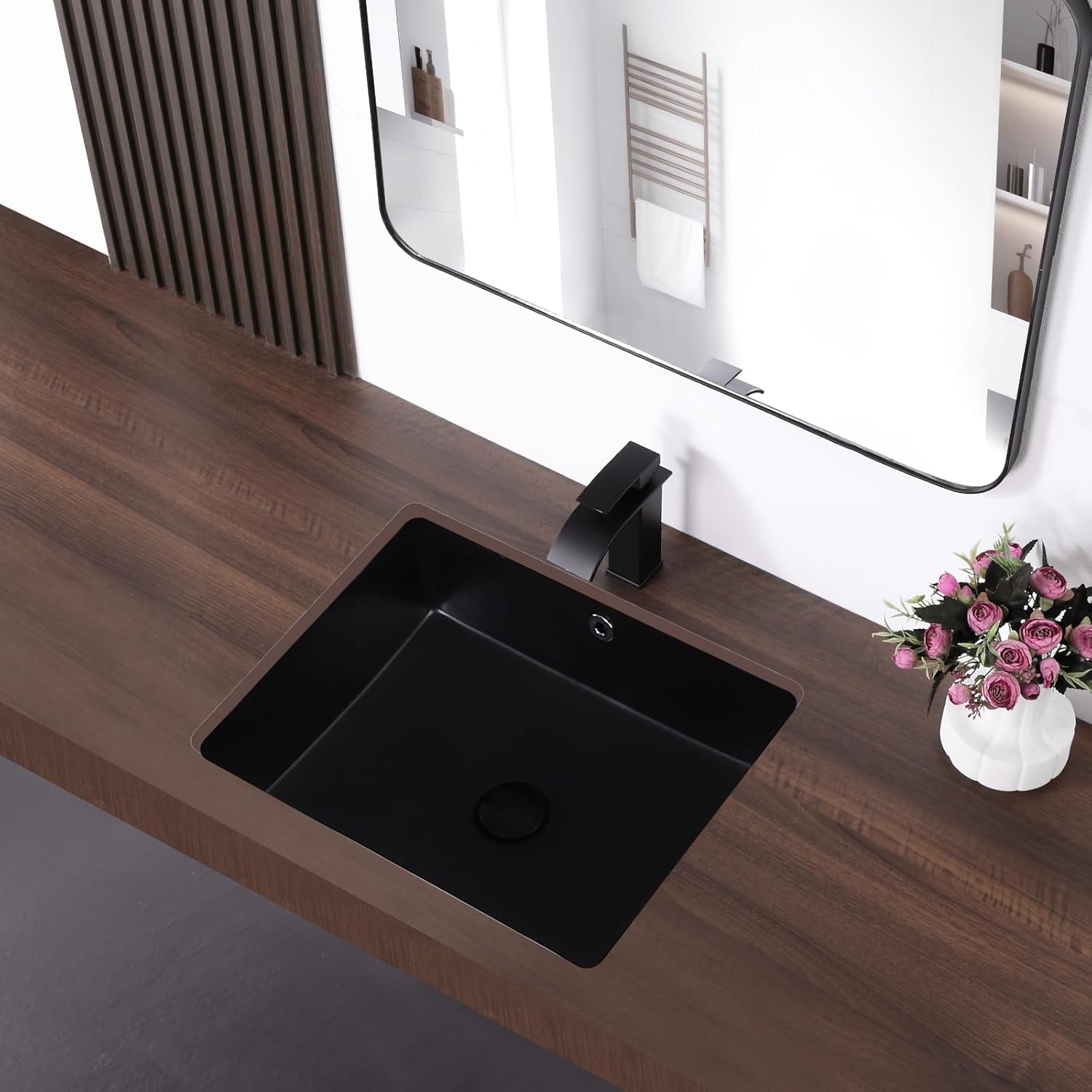 Undermount Bathroom Sink 19.5x15.6 Inch Rectangular Undermount Sink Ceramic Under Counter Vitreous China Sinks with Overflow,Matte Black
