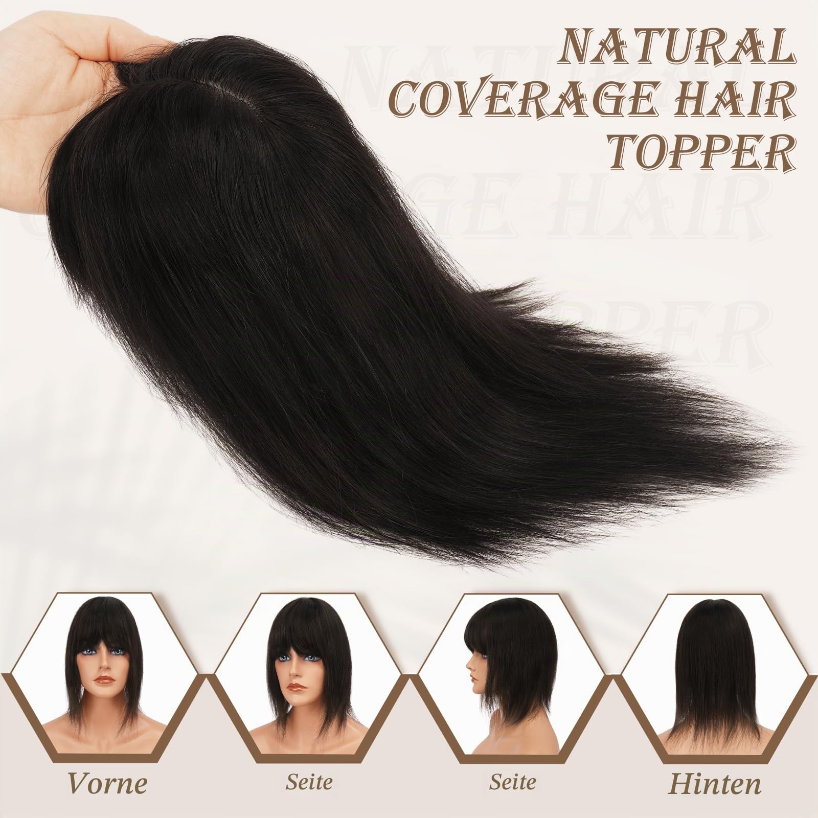RUWISS Echthaar Hair Topper für Frauen Krone Toppers With Pony Kurze Perücken Haarteile für Dünnes Haar 7.5 * 13CM Silk Base 100% Echtes Menschliches Haar Clip in Topper 35 CM 45g (Natürlich Schwarz)