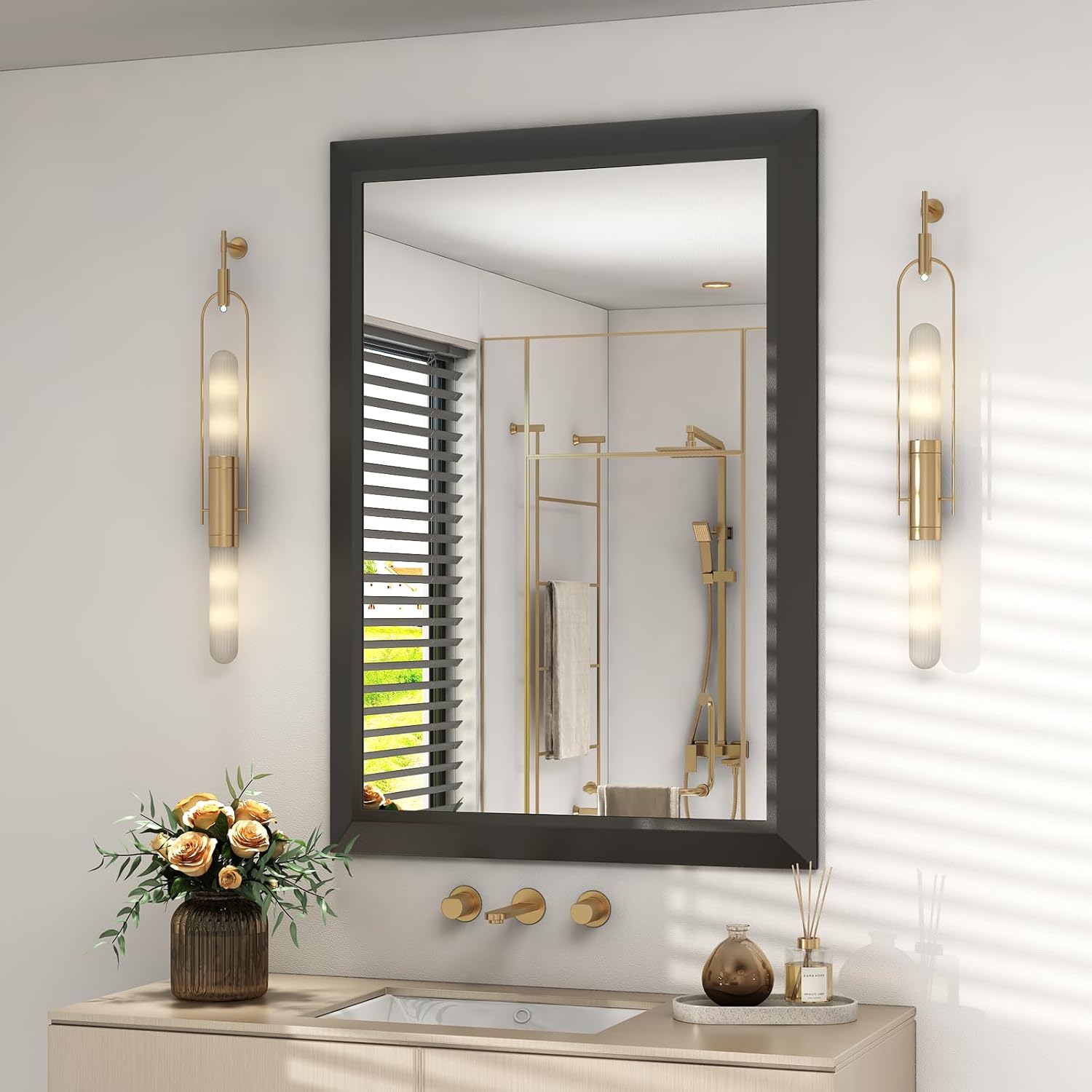 SMIROR Matte Black Bathroom Mirror for Over Sink 24x 36 inch, Metal Thick Frame Rectangle Vanity Mirror for Wall, Anti-Rust, Horizontally or Vertically Mounted Black 36"L x 24"W