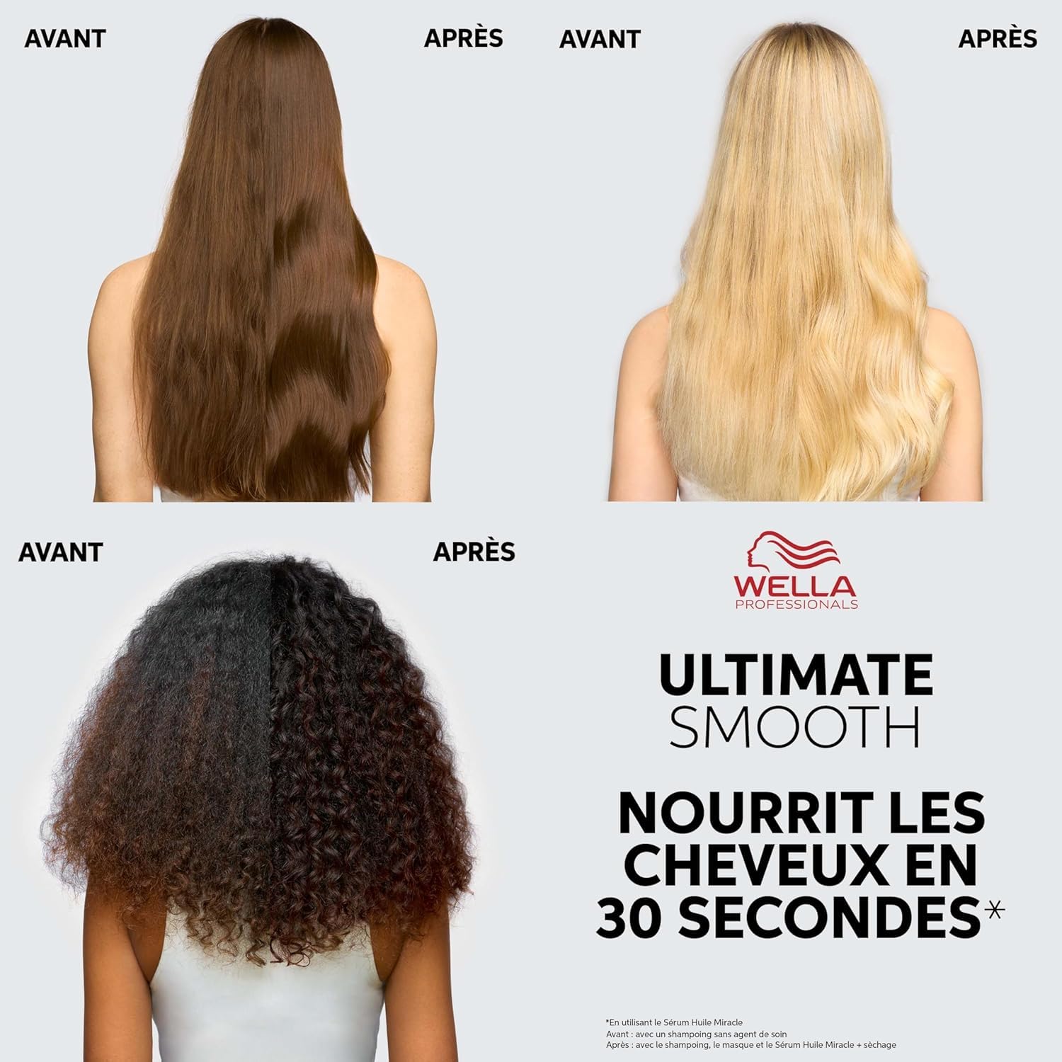 Wella Professionals - Pack Ultimate Smooth - Shampoing (250ml) + après-shampoing (200ml) + sérum Huile Miracle (30ml) nourrissant pour cheveux secs, ternes ou frisés
