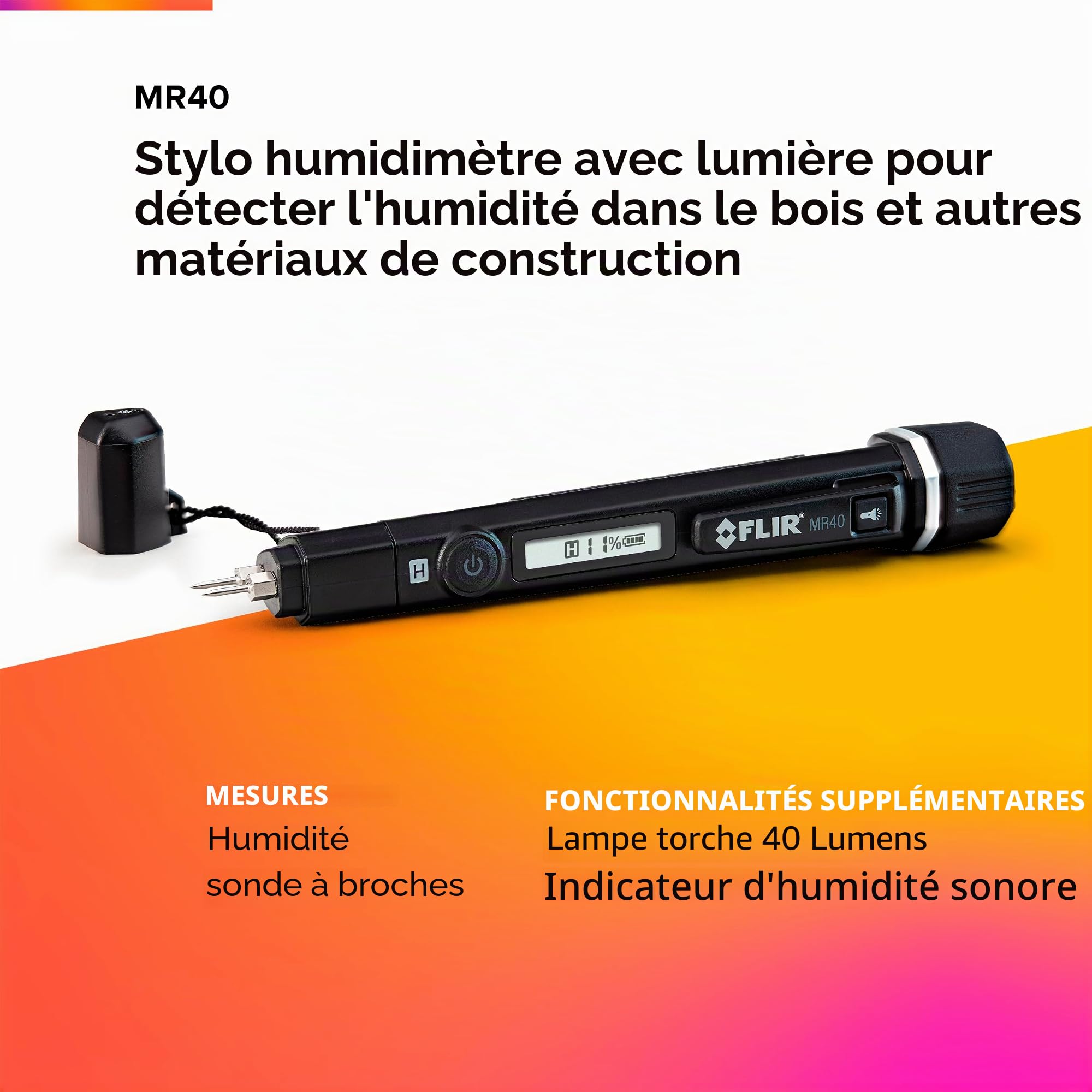 FLIR MR40 Humidimètre Stylo + Lampe De Poche, Portable, Robuste, 2 Broches, À Échelle Unique, Avec Lampe De Poche Intégrée Pour Le Bois Et Les Matériaux De Construction Courants | Échelle unique, bois et matériaux construction, IP54, chute 3m, broches rem