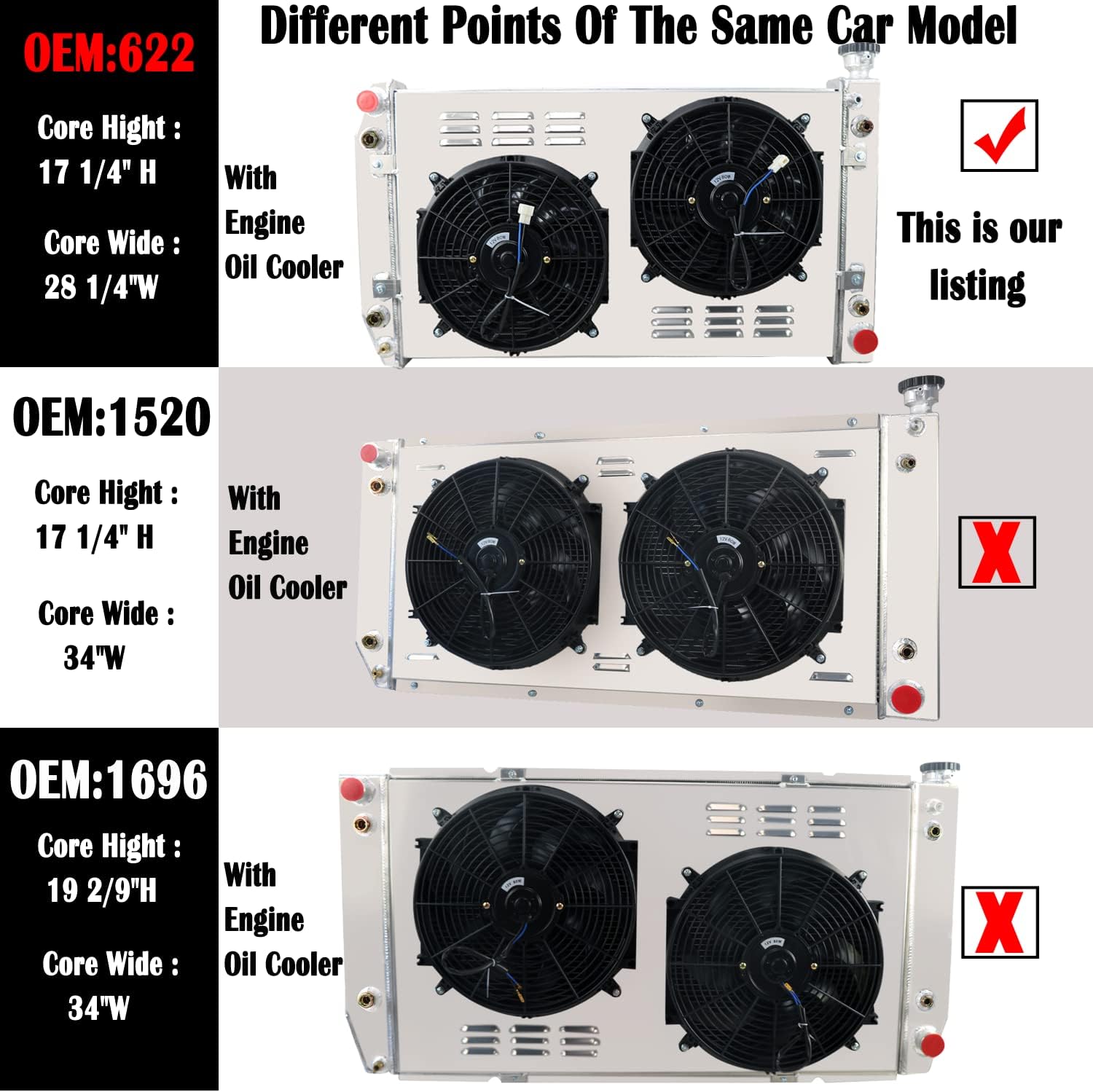 3/4 Row Core Aluminum CU622 Radiator + 2 x 12" Fan Shroud + Relay Compatible with 1982-1992 85 86 87 88 89 Chevy Camaro P20 P30/Pontiac Firebird/GMC P2500 P3500 (3 Row Radiator Fan Shroud)